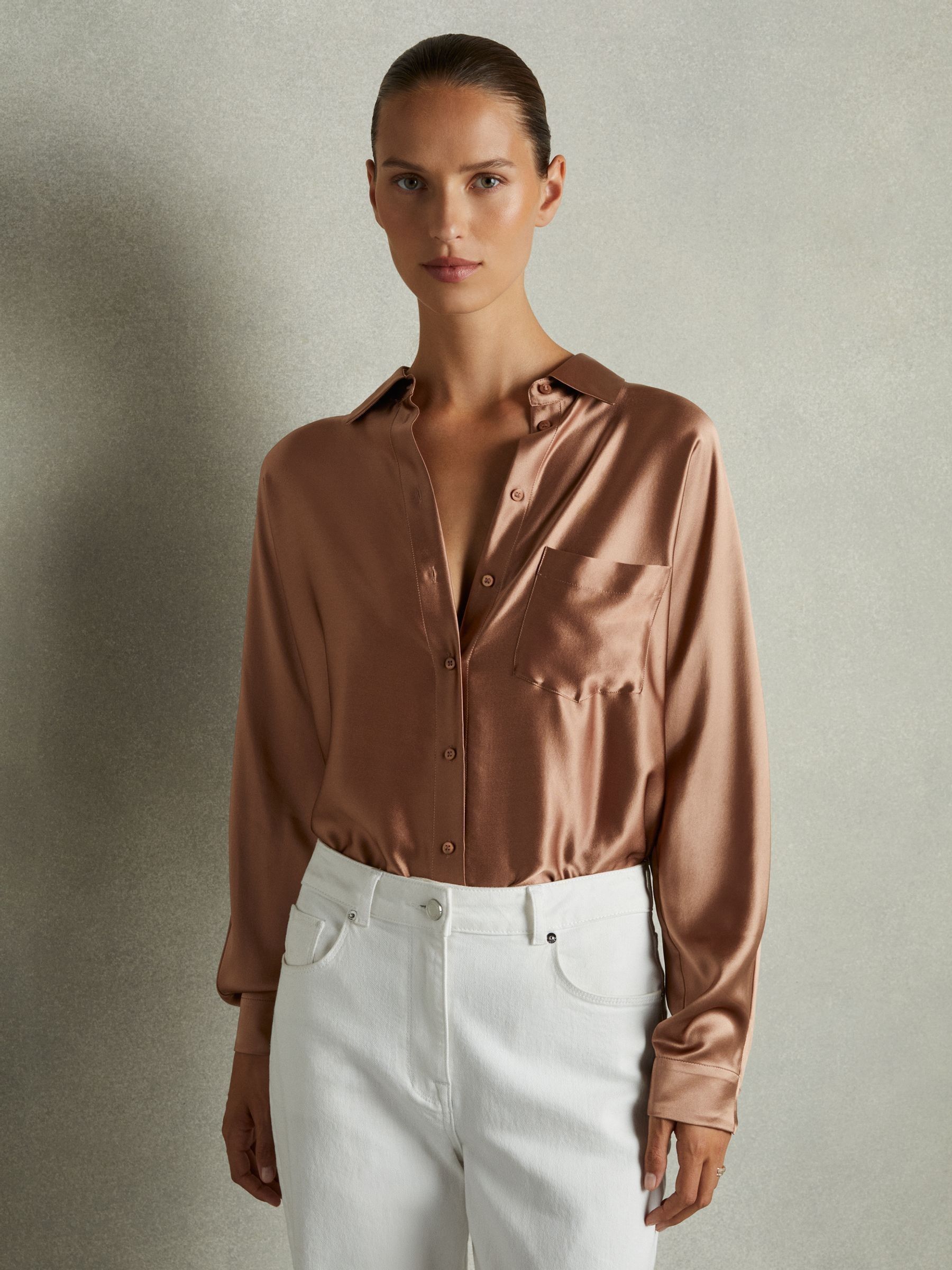 Silk Satin Grown On Sleeve Shirt in Taupe - Image 3 of 6