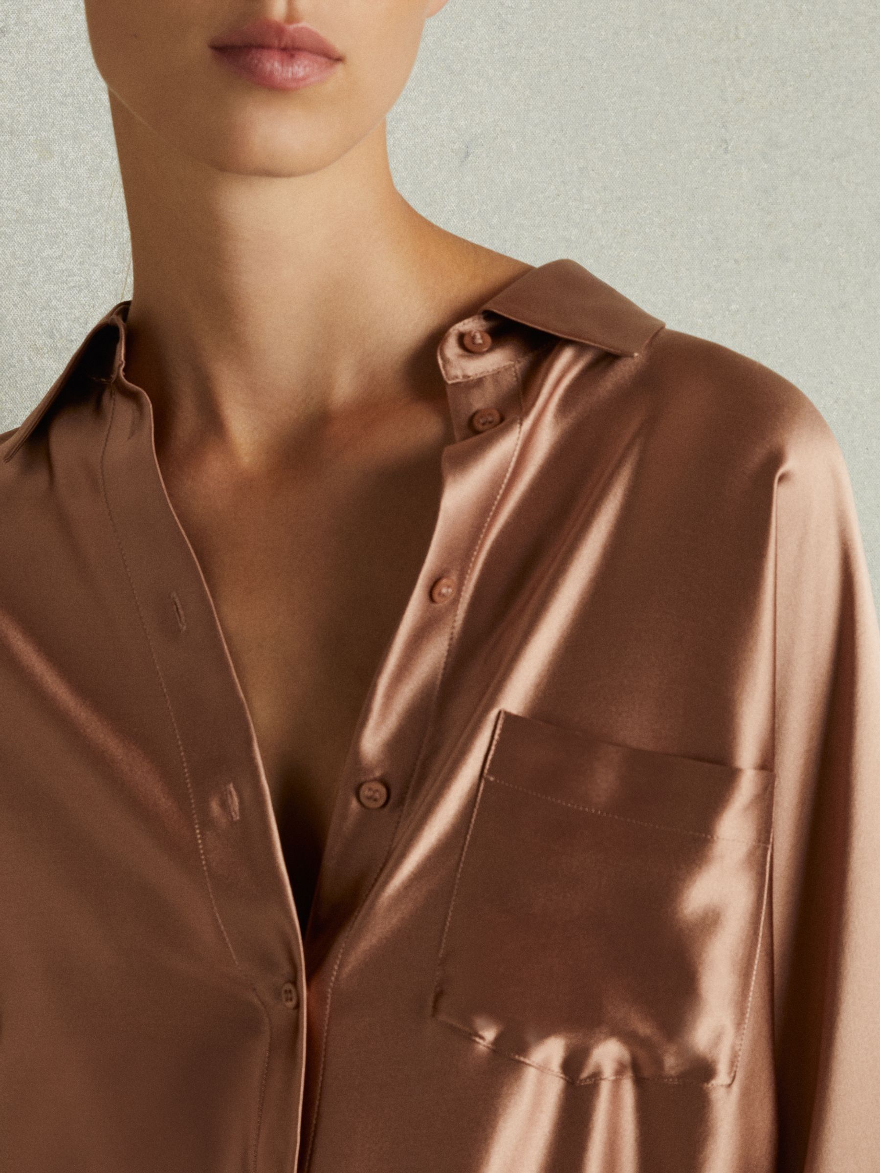 Silk Satin Grown On Sleeve Shirt in Taupe - Image 4 of 6
