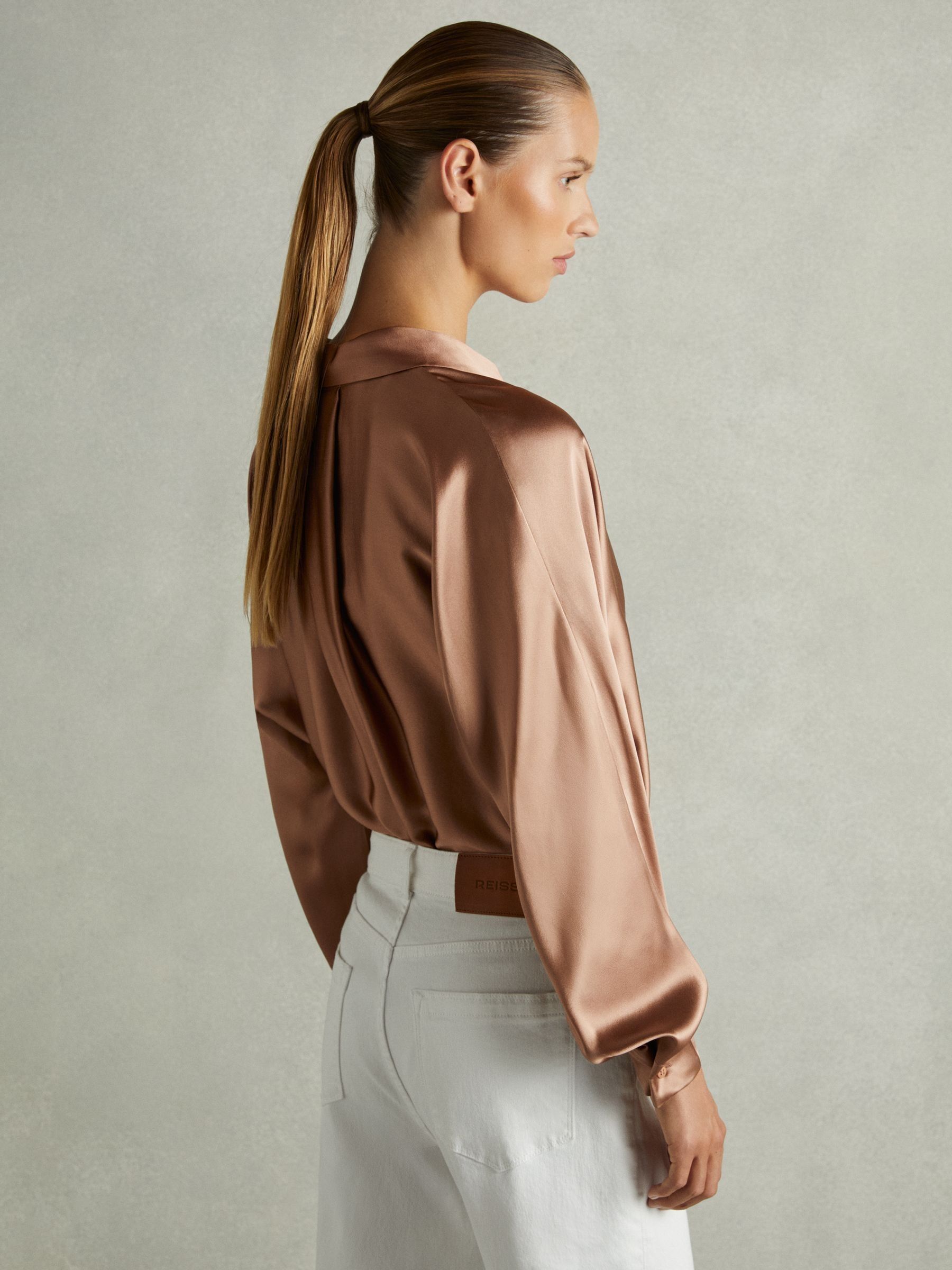 Silk Satin Grown On Sleeve Shirt in Taupe - Image 5 of 6