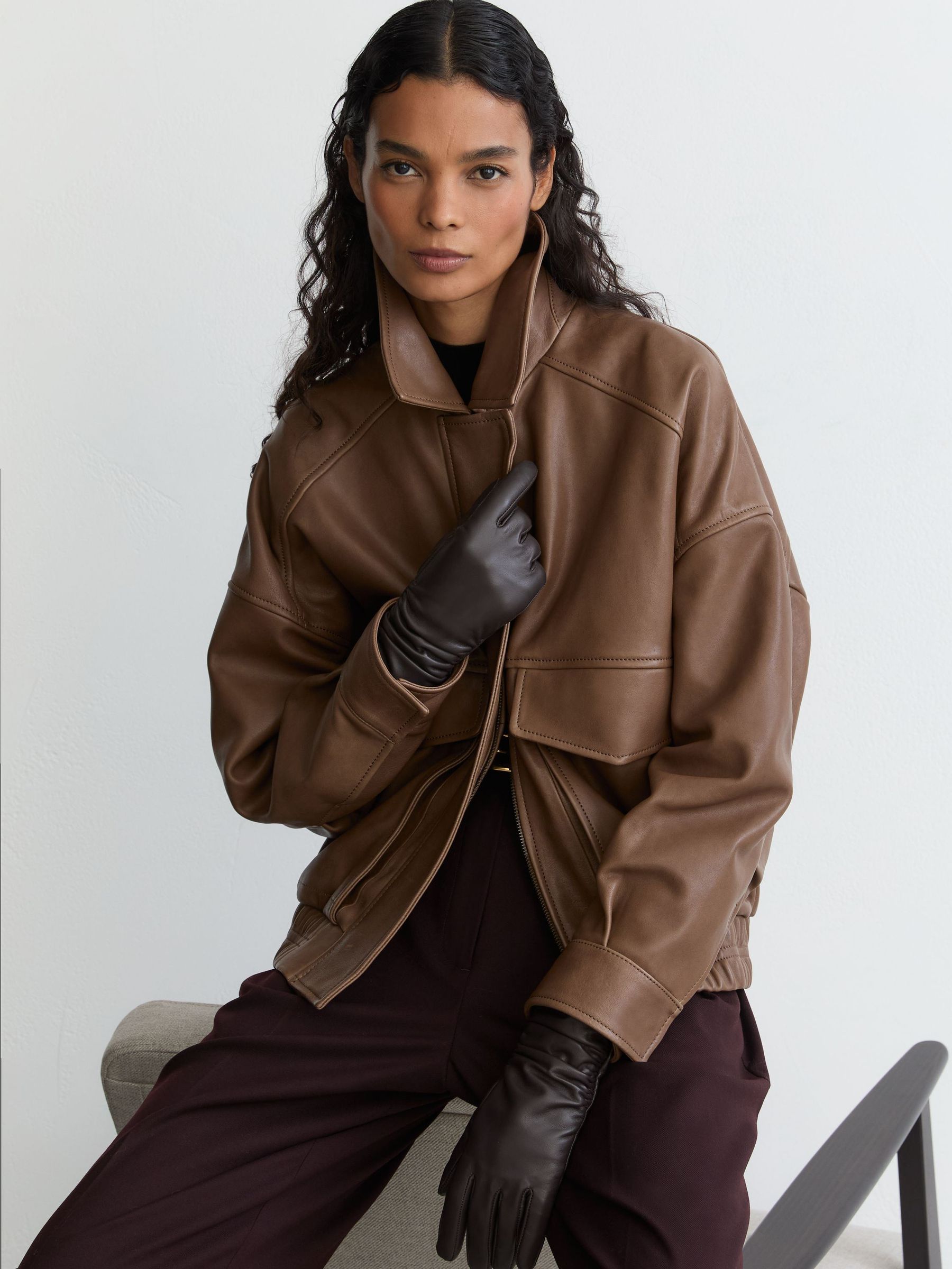 Leather Twin-Pocket Relaxed Jacket in Neutral - Image 1 of 8
