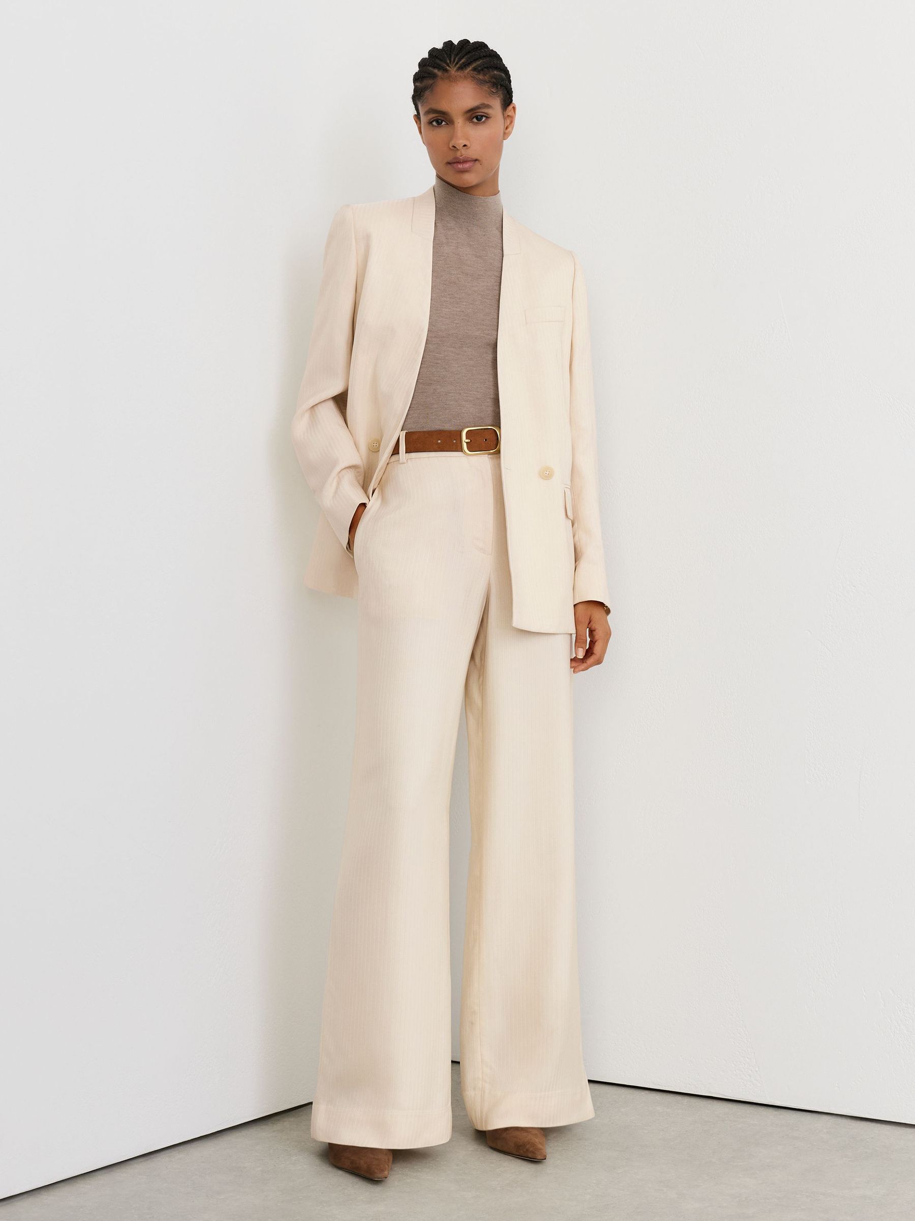 Petite Jacquard-Stripe Wide-Leg Trousers in Cream by Reiss