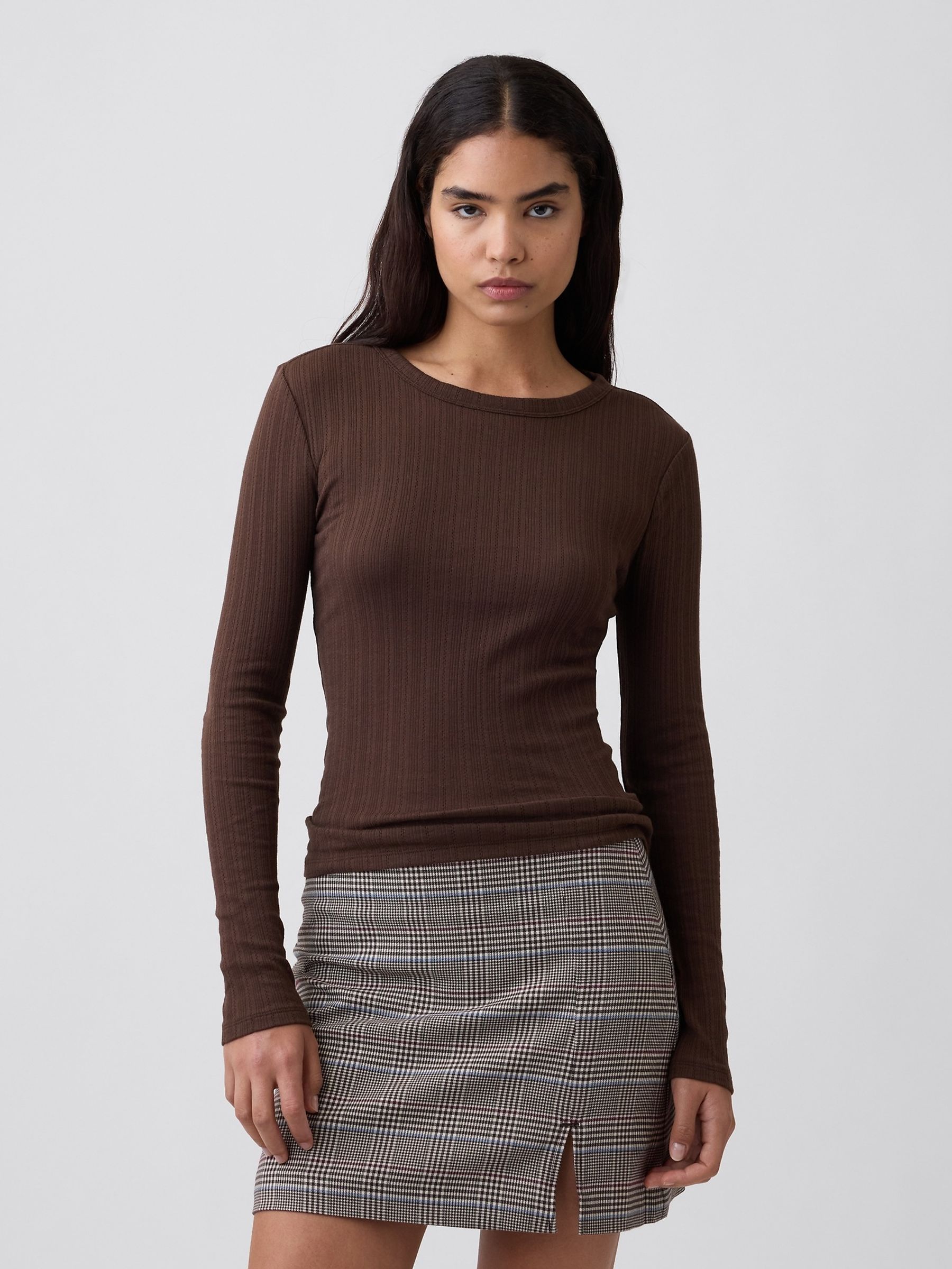 Brown Essential Ribbed Pointelle Long Sleeve T-Shirt - Image 1 of 5 Brown Essential Ribbed Pointelle Long Sleeve T-Shirt - Image 1 of 5