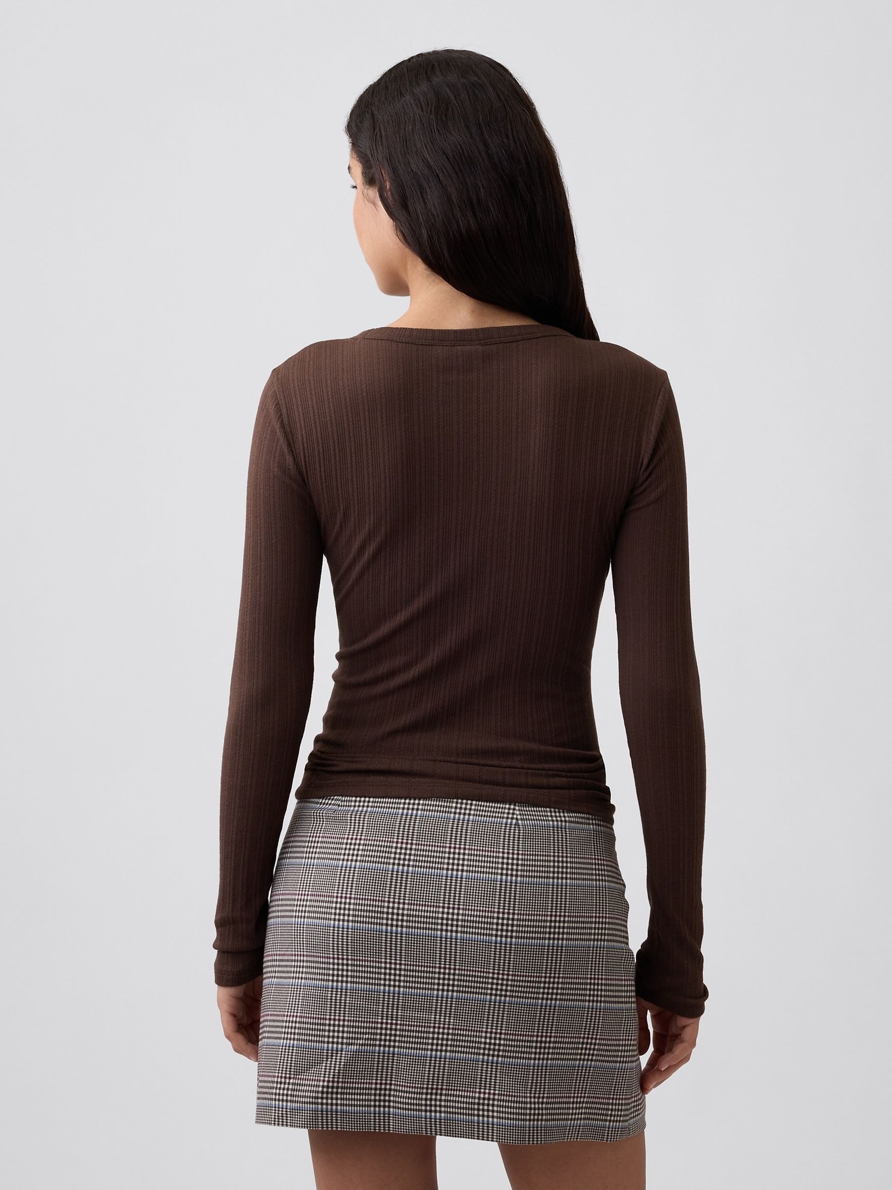 Brown Essential Ribbed Pointelle Long Sleeve T-Shirt - Image 2 of 5