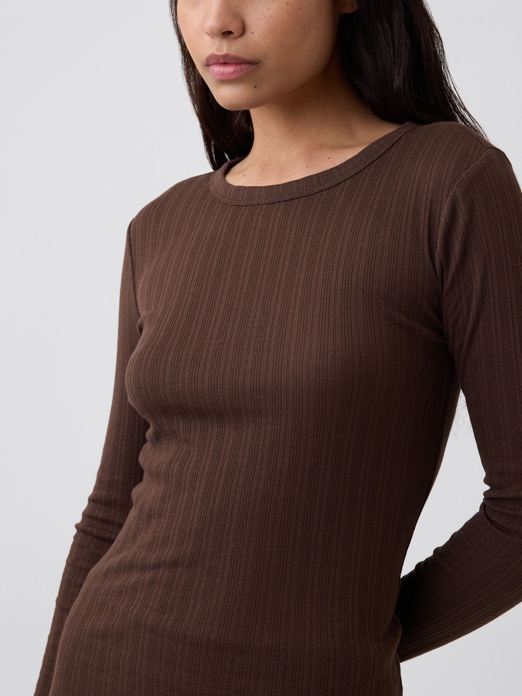 Brown Essential Ribbed Pointelle Long Sleeve T-Shirt - Image 4 of 5