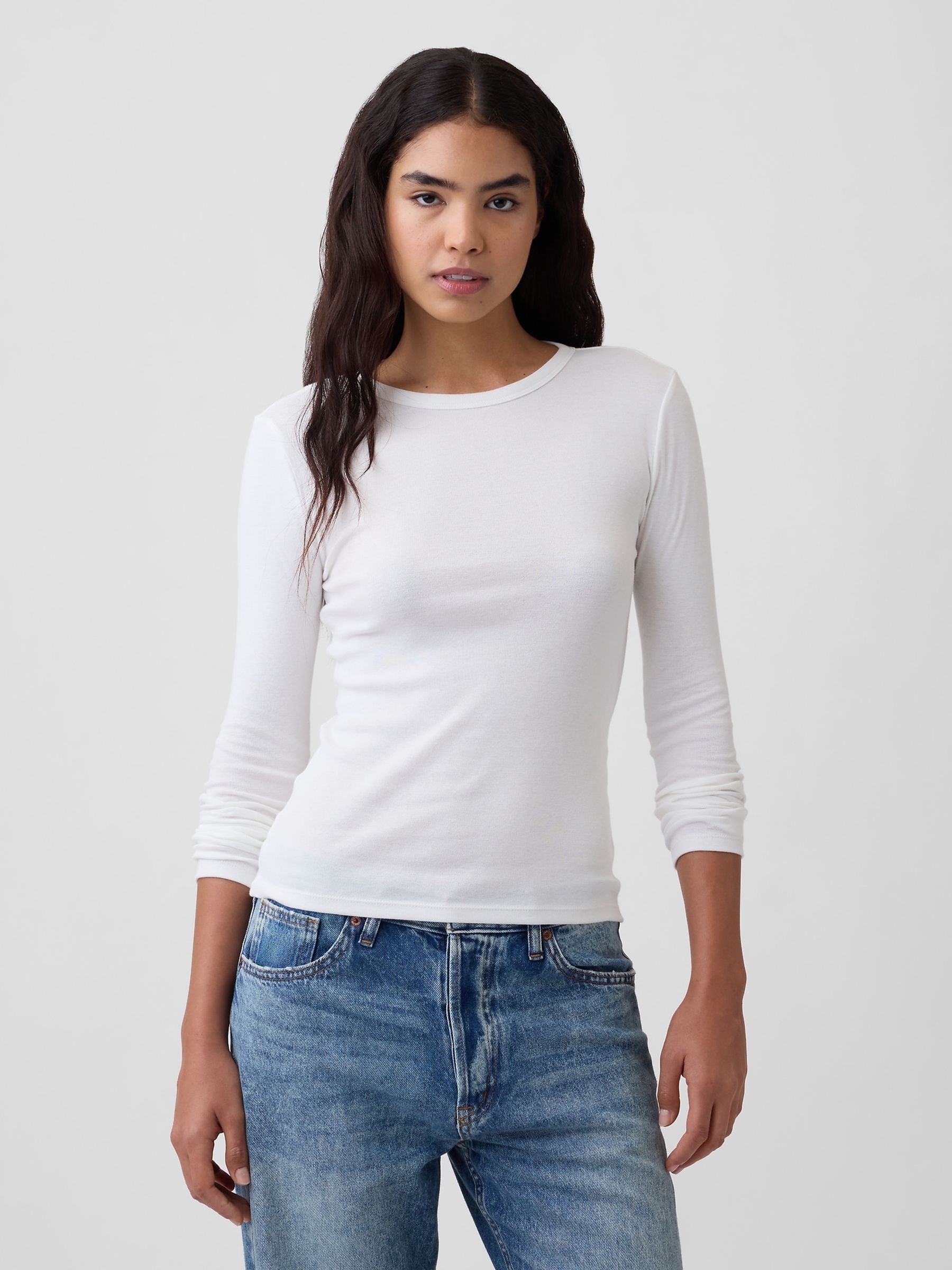 White Modern Ribbed Long Sleeve T-Shirt - Image 1 of 5