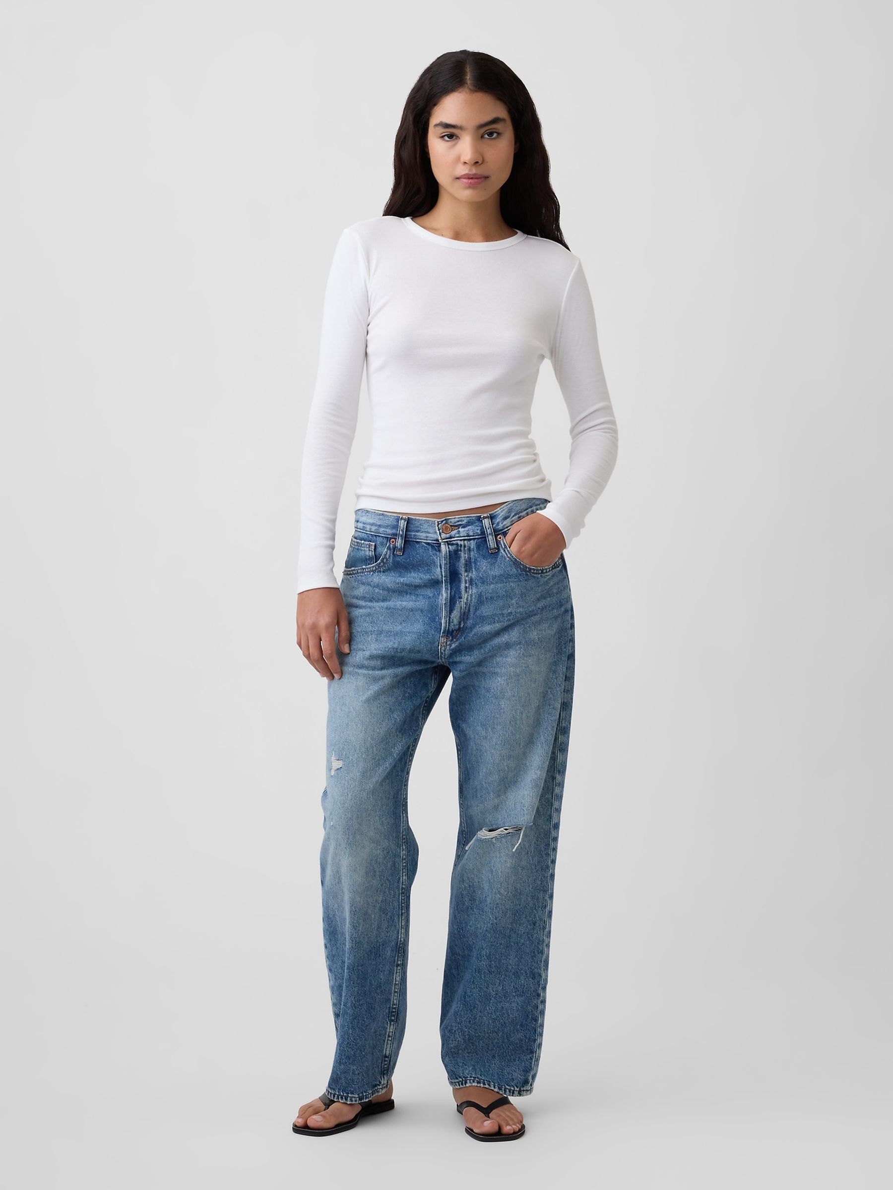 White Modern Ribbed Long Sleeve T-Shirt - Image 3 of 5
