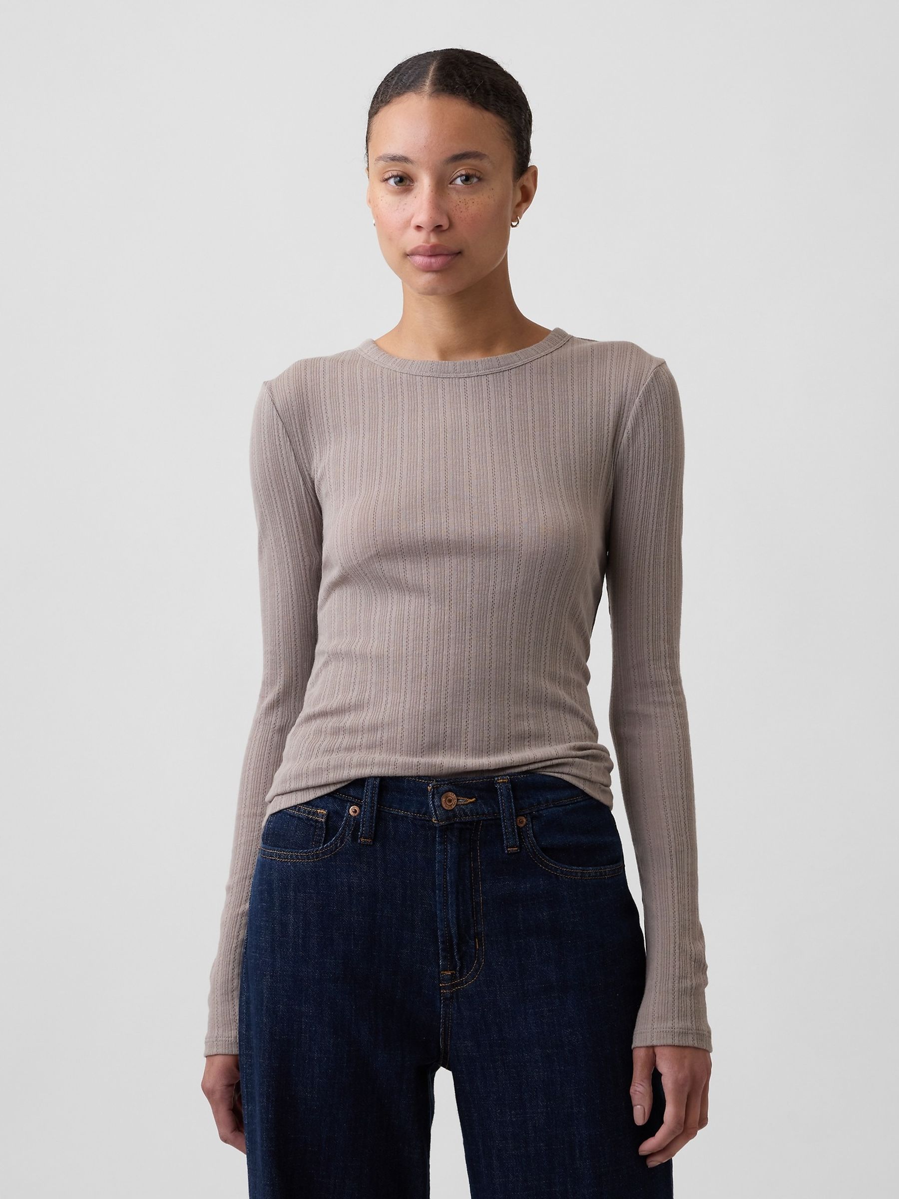 Cool Brown Essential Ribbed Pointelle Long Sleeve T-Shirt - Image 1 of 5