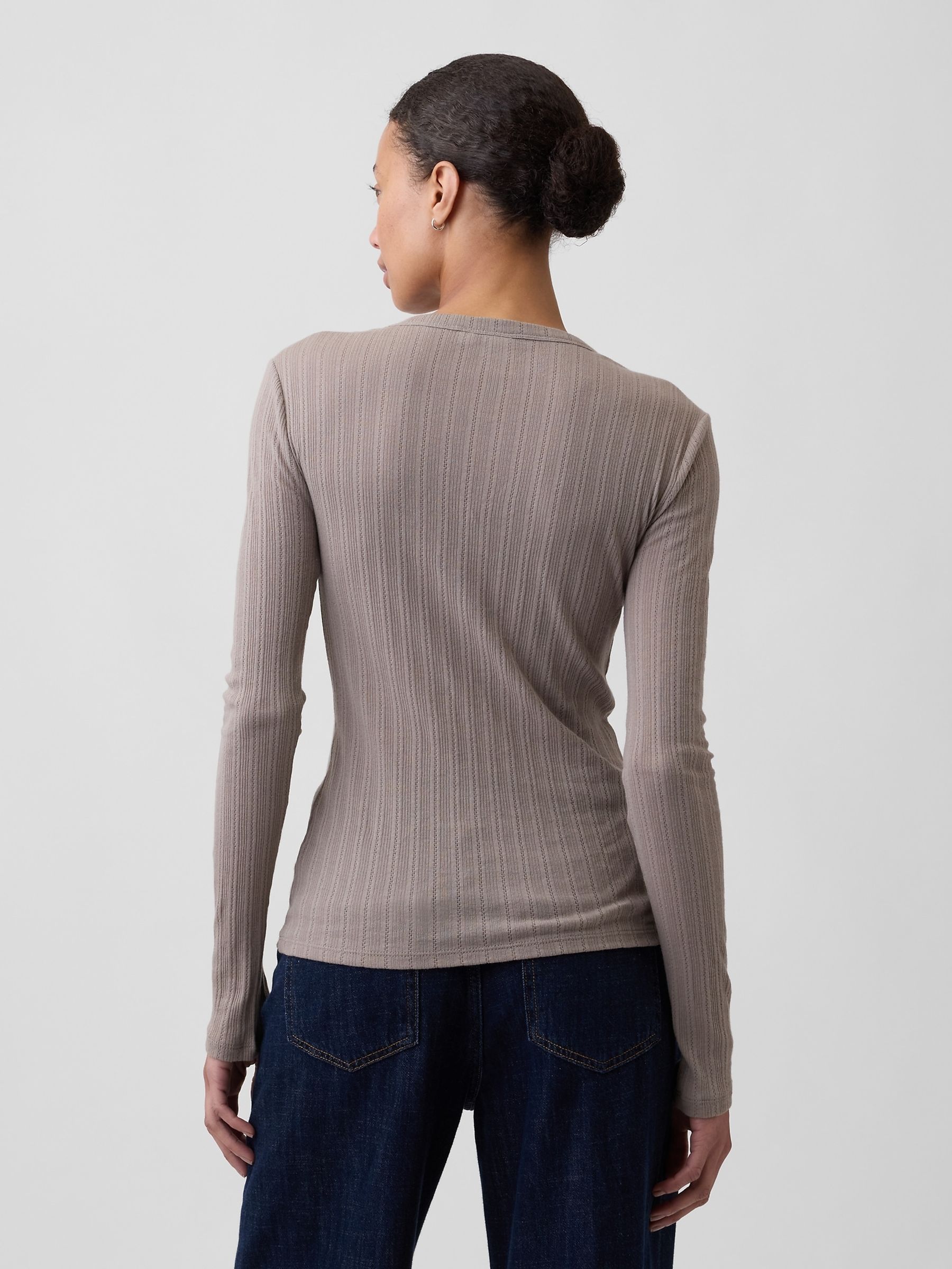 Cool Brown Essential Ribbed Pointelle Long Sleeve T-Shirt - Image 2 of 5 Cool Brown Essential Ribbed Pointelle Long Sleeve T-Shirt - Image 2 of 5
