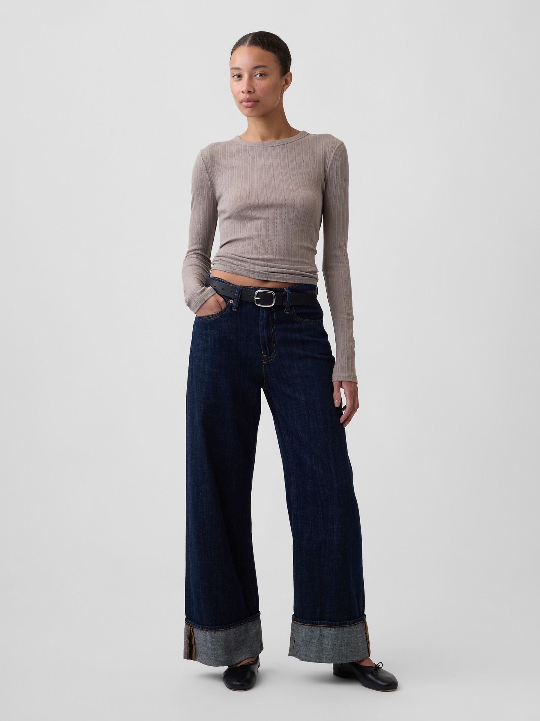 Cool Brown Essential Ribbed Pointelle Long Sleeve T-Shirt - Image 3 of 5