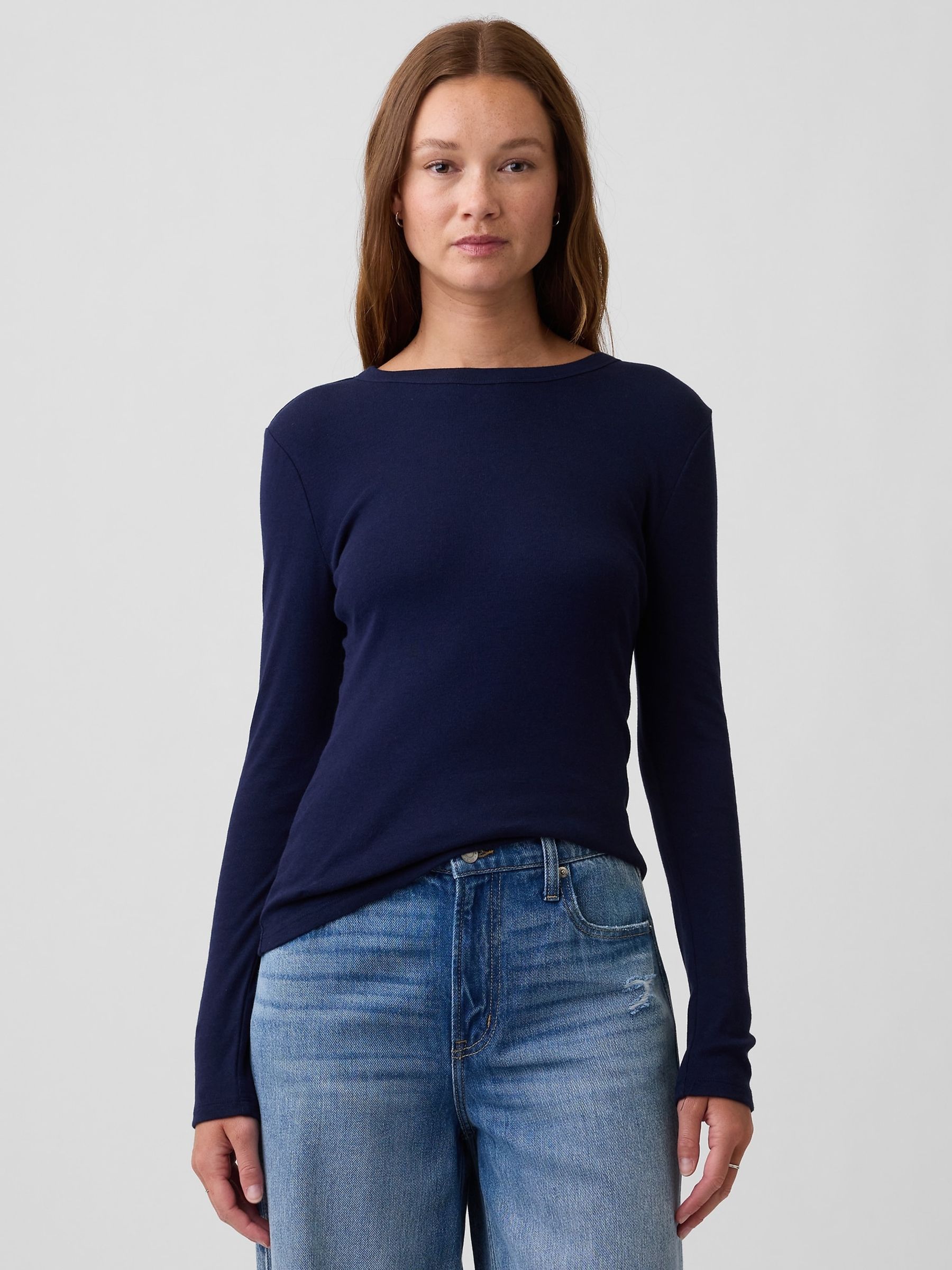 Blue/Navy Modern Ribbed Long Sleeve T-Shirt - Image 1 of 5