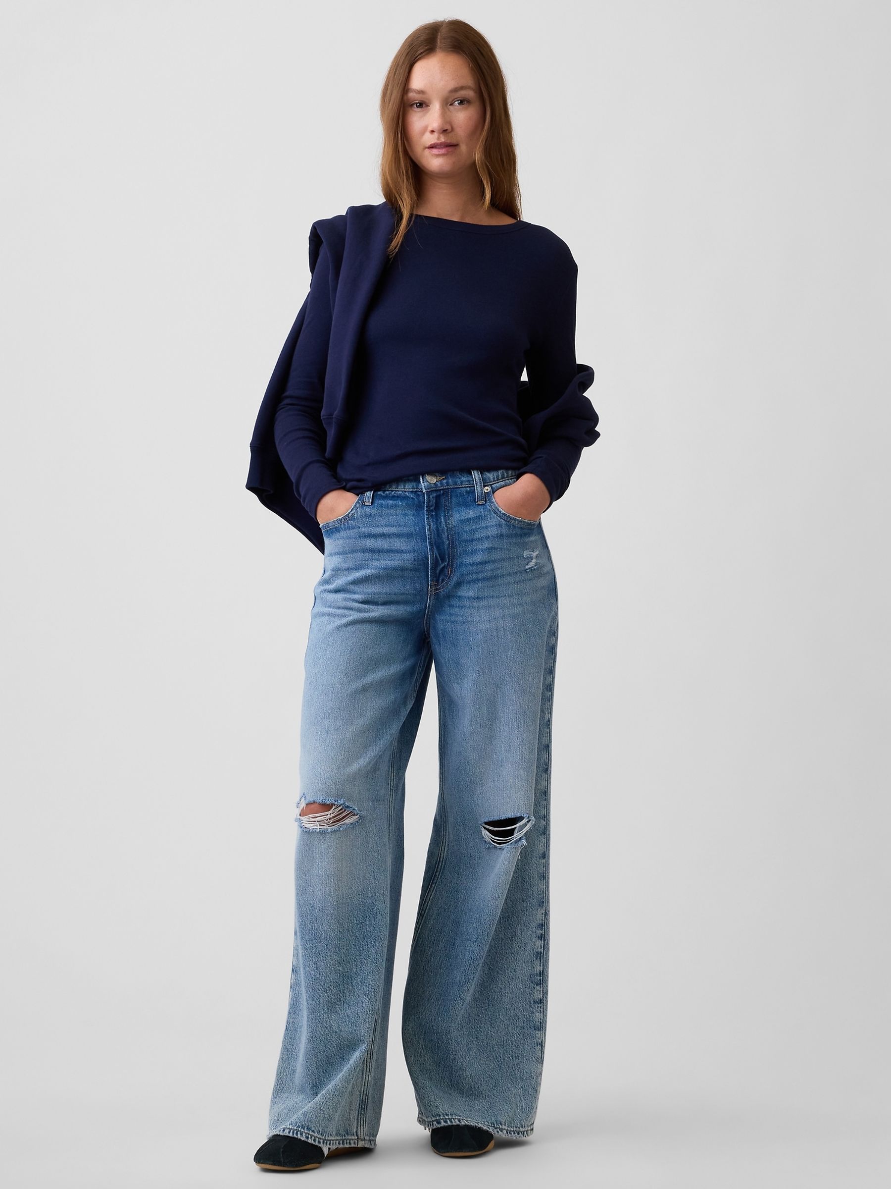 Blue/Navy Modern Ribbed Long Sleeve T-Shirt - Image 3 of 5