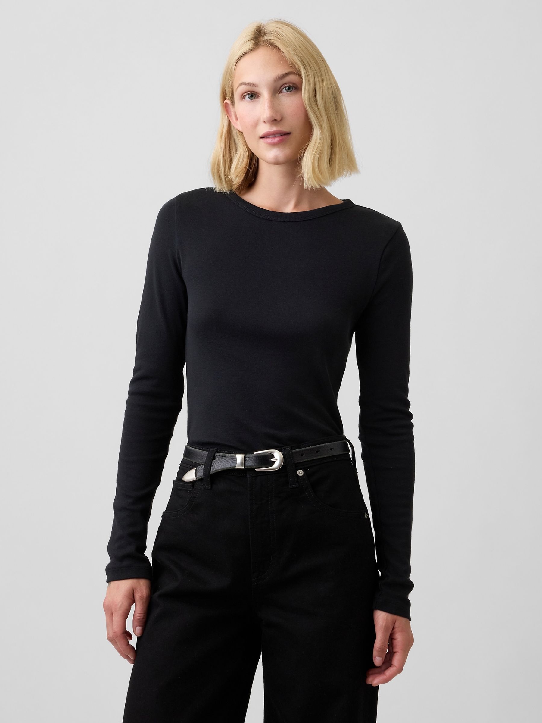 Black Modern Ribbed Long Sleeve T-Shirt - Image 1 of 5