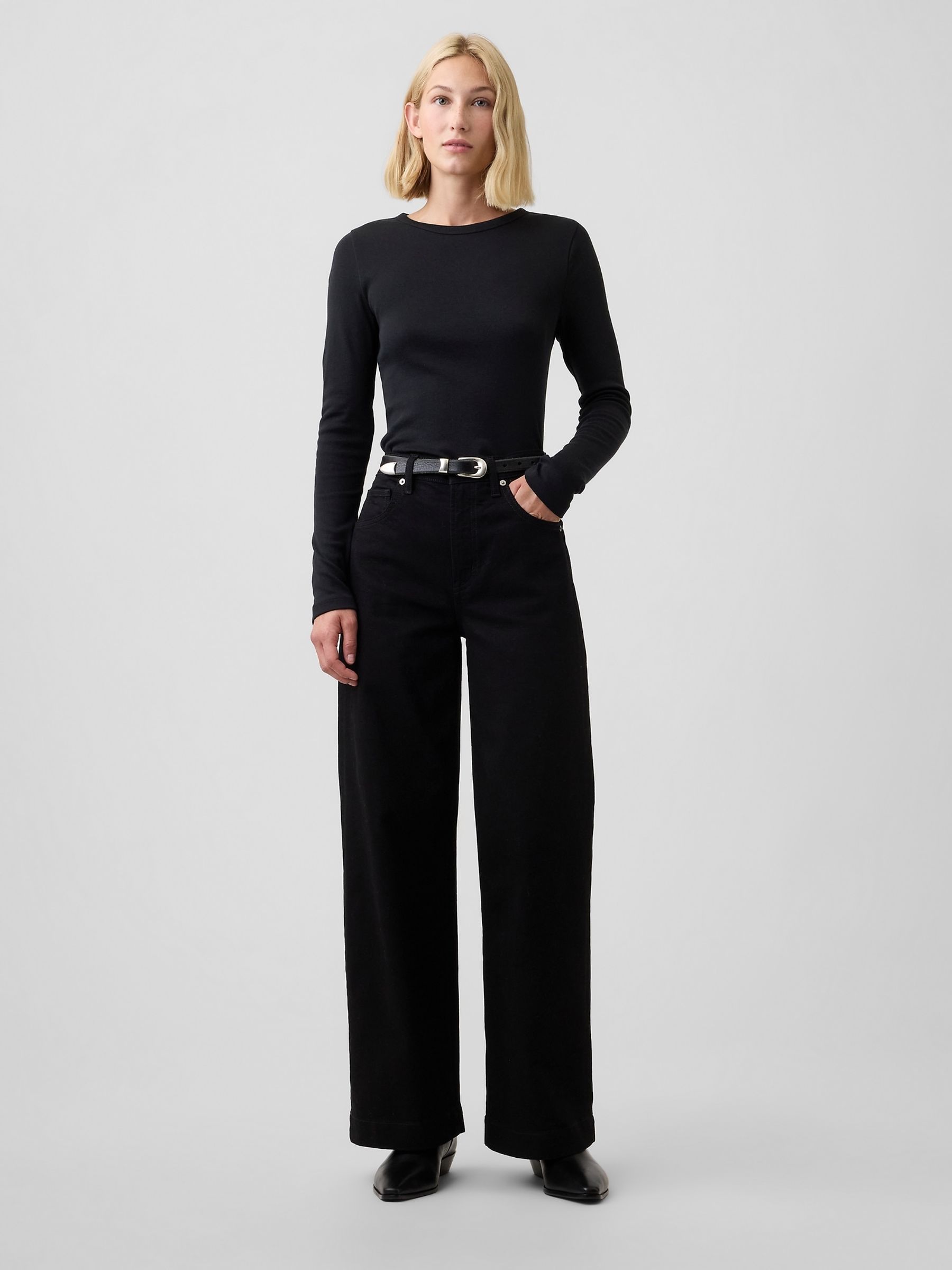 Black Modern Ribbed Long Sleeve T-Shirt - Image 3 of 5
