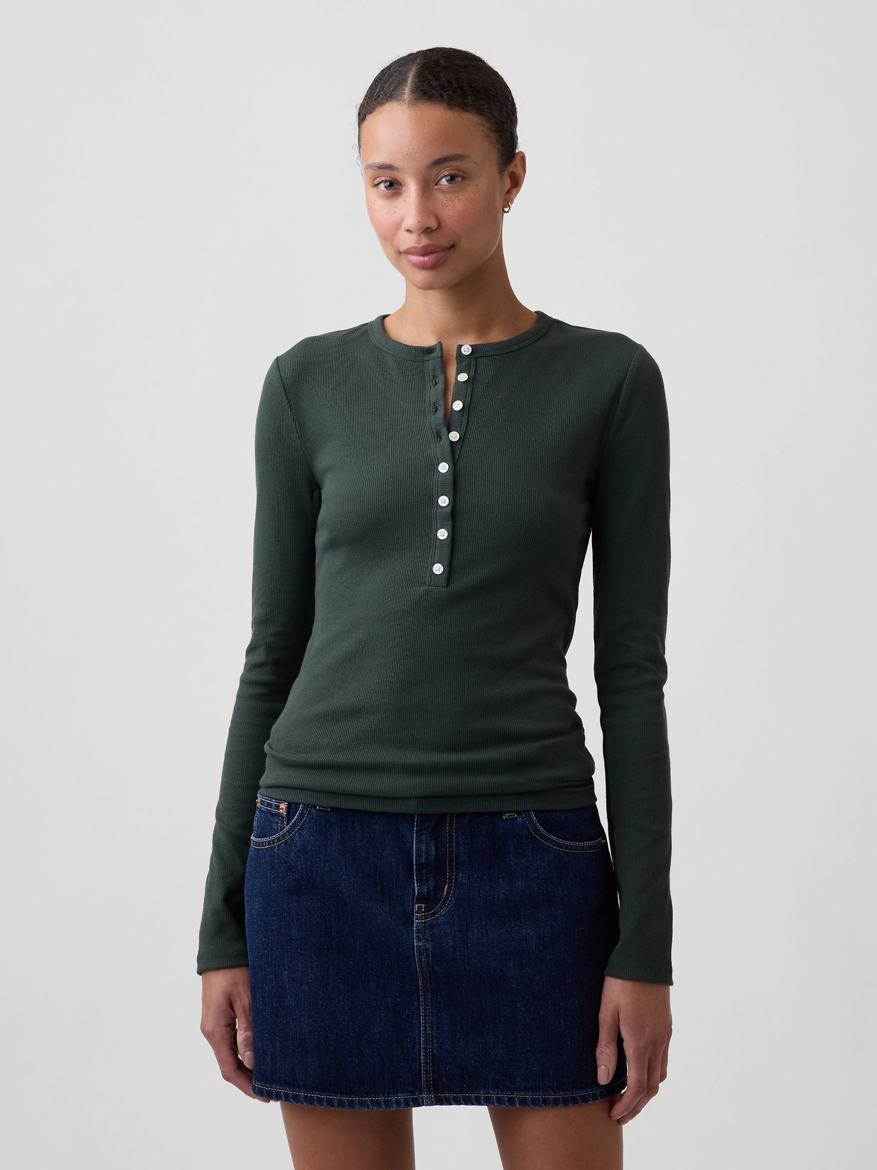 Forest Green Ribbed Henley Long Sleeve T-Shirt - Image 1 of 5 Forest Green Ribbed Henley Long Sleeve T-Shirt - Image 1 of 5