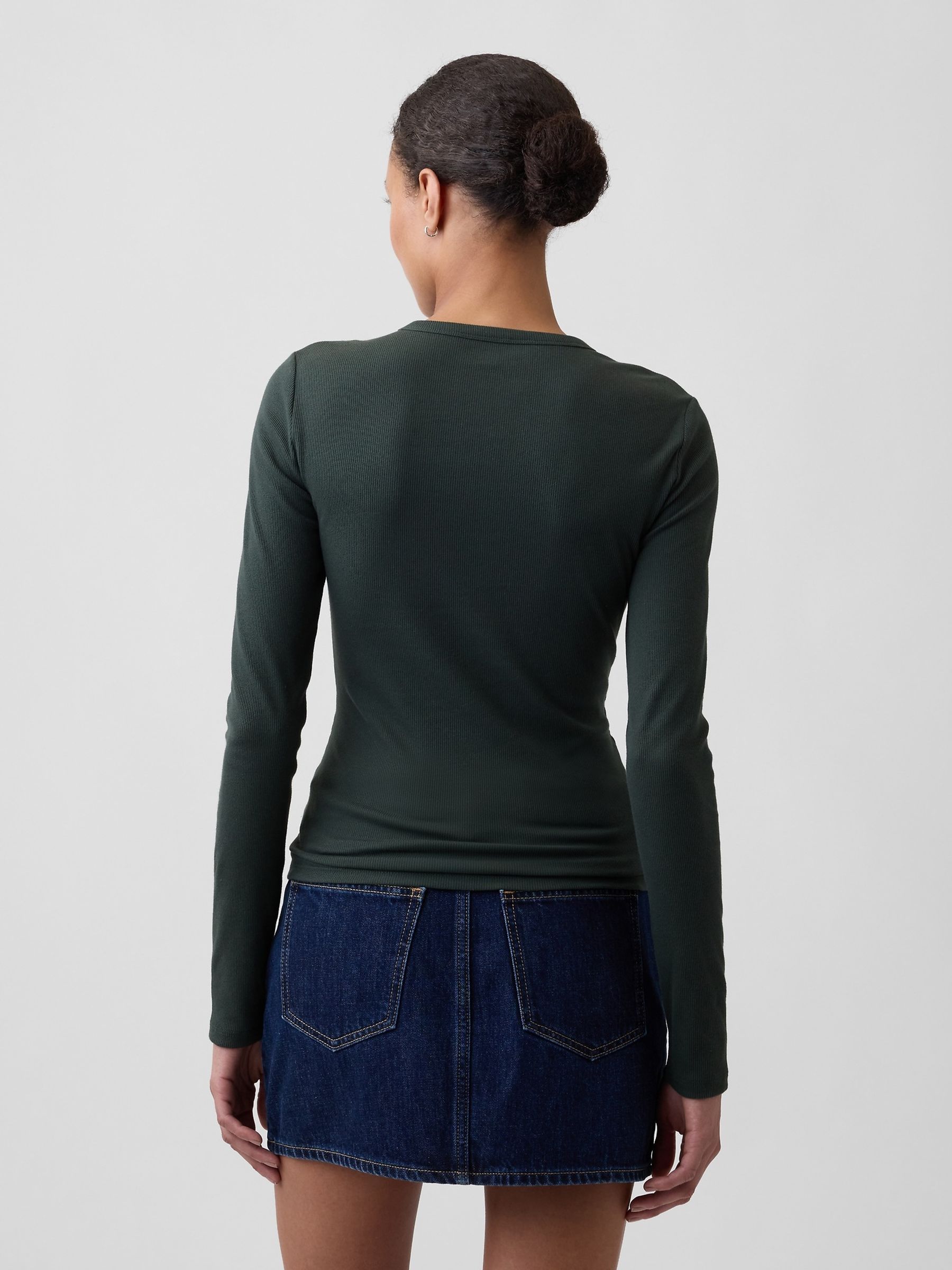 Forest Green Ribbed Henley Long Sleeve T-Shirt - Image 2 of 5 Forest Green Ribbed Henley Long Sleeve T-Shirt - Image 2 of 5