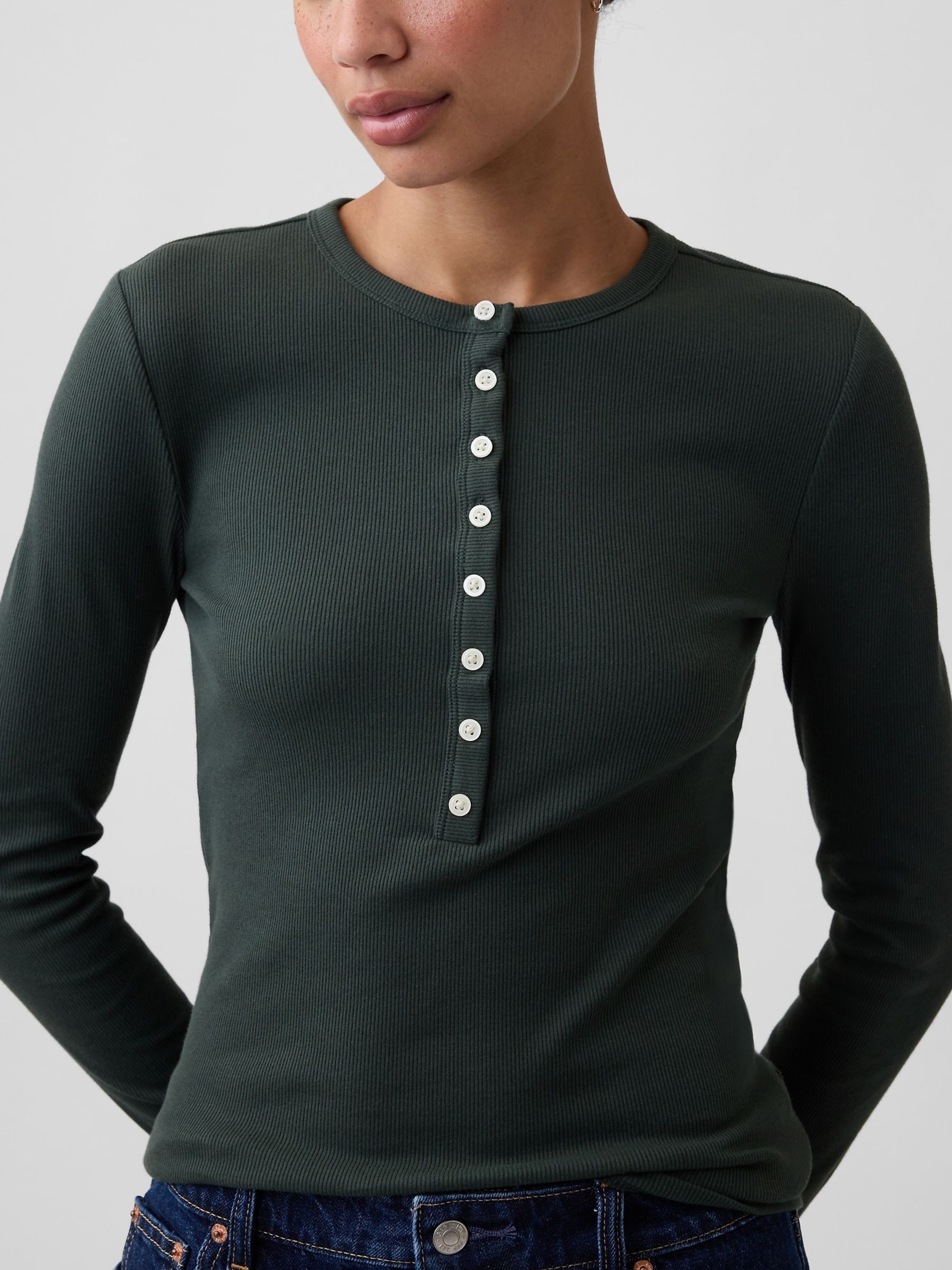 Forest Green Ribbed Henley Long Sleeve T-Shirt - Image 4 of 5