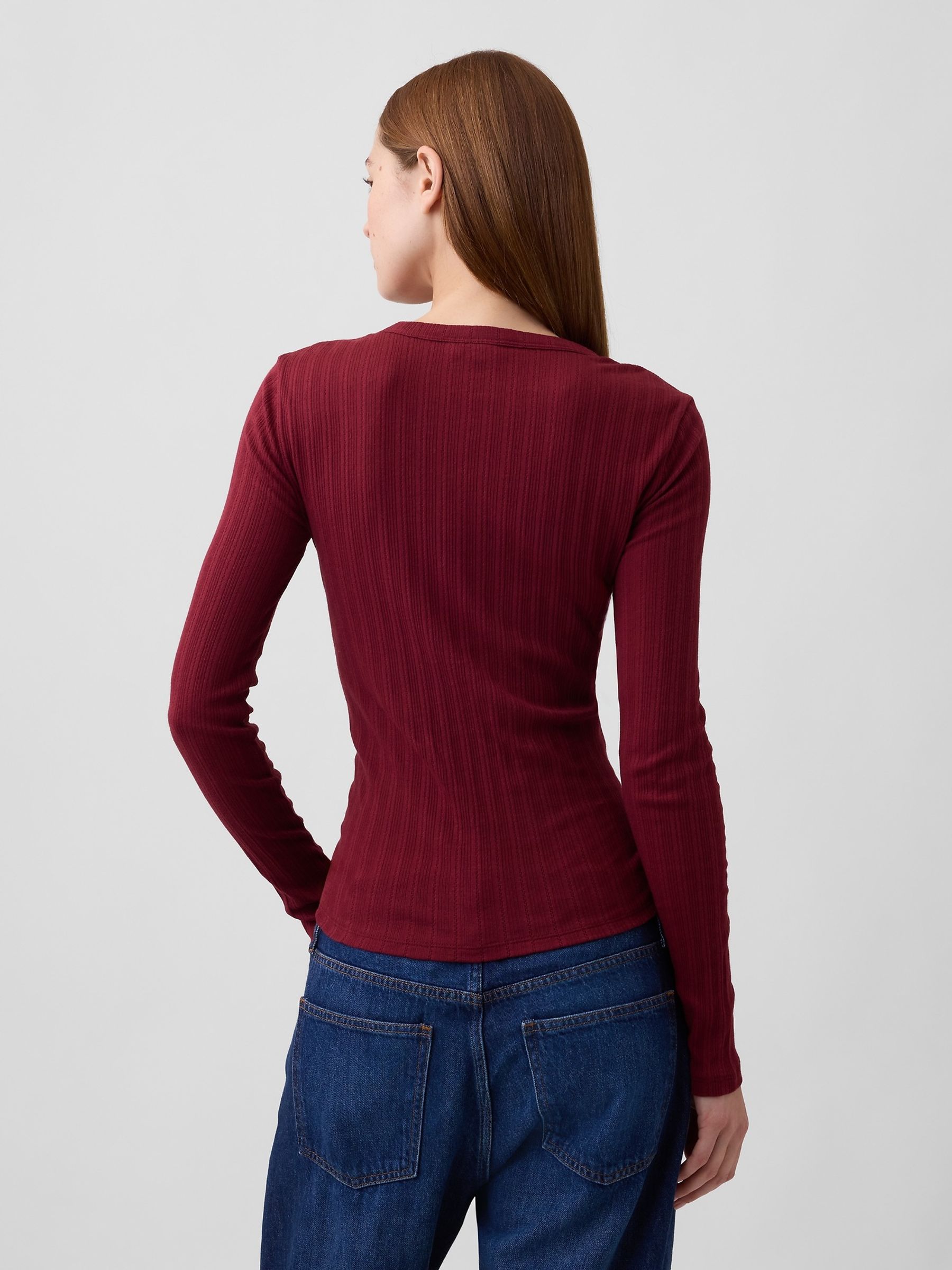 Burgundy Essential Ribbed Pointelle Long Sleeve T-Shirt - Image 2 of 5 Burgundy Essential Ribbed Pointelle Long Sleeve T-Shirt - Image 2 of 5