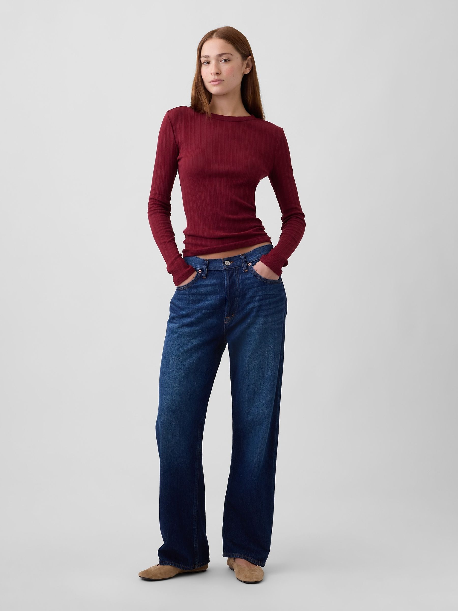 Burgundy Essential Ribbed Pointelle Long Sleeve T-Shirt - Image 3 of 5