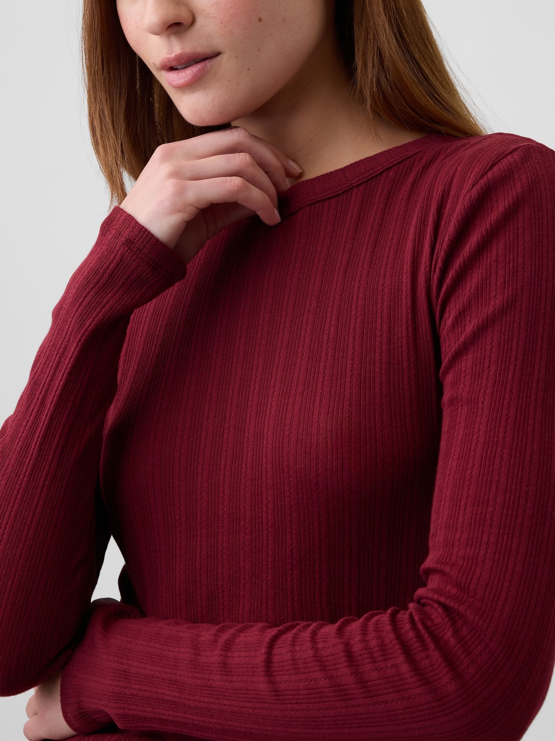 Burgundy Essential Ribbed Pointelle Long Sleeve T-Shirt - Image 4 of 5