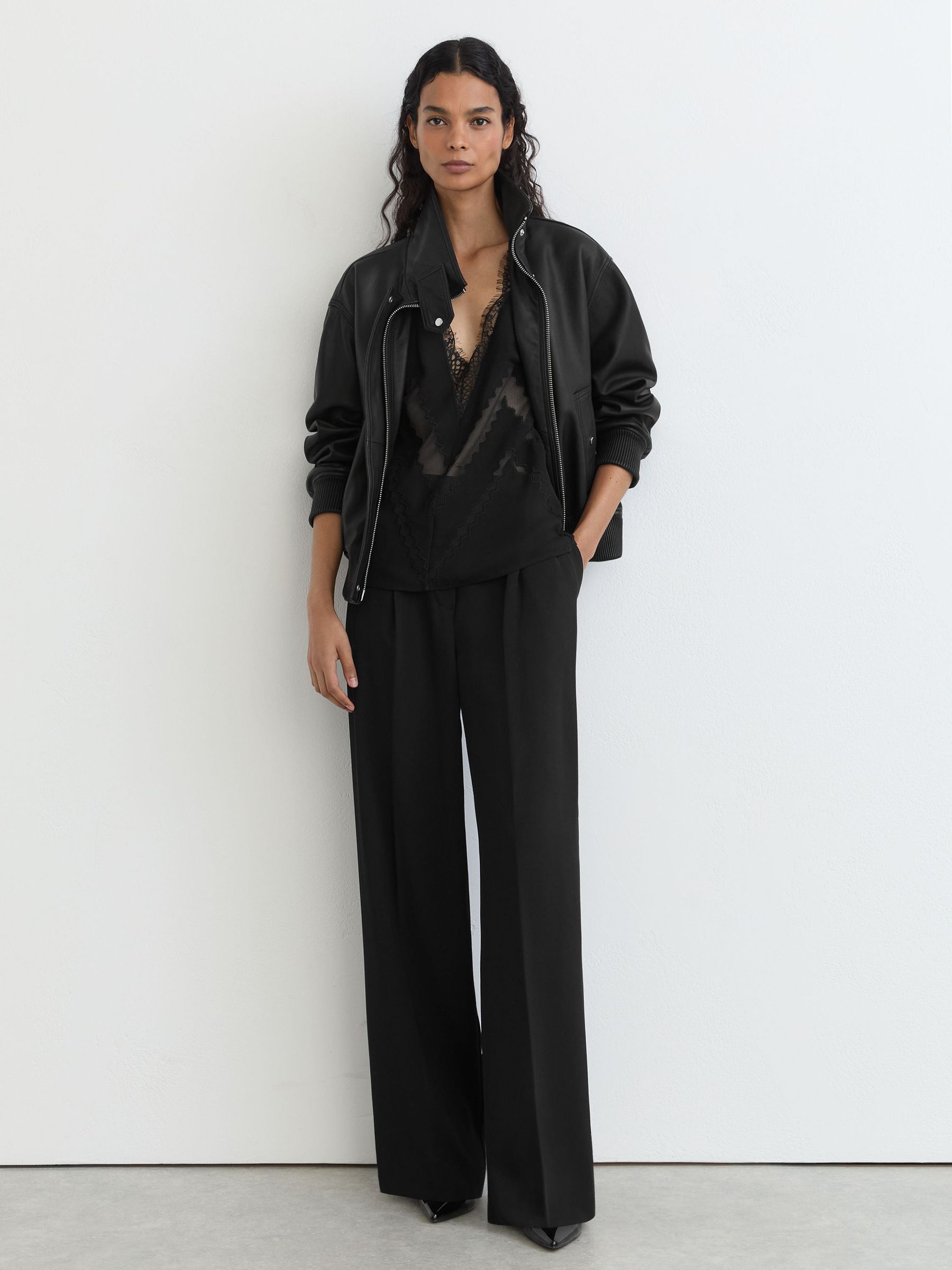 Blouson bomber à col cheminée en cuir noir - Image 5 de 8