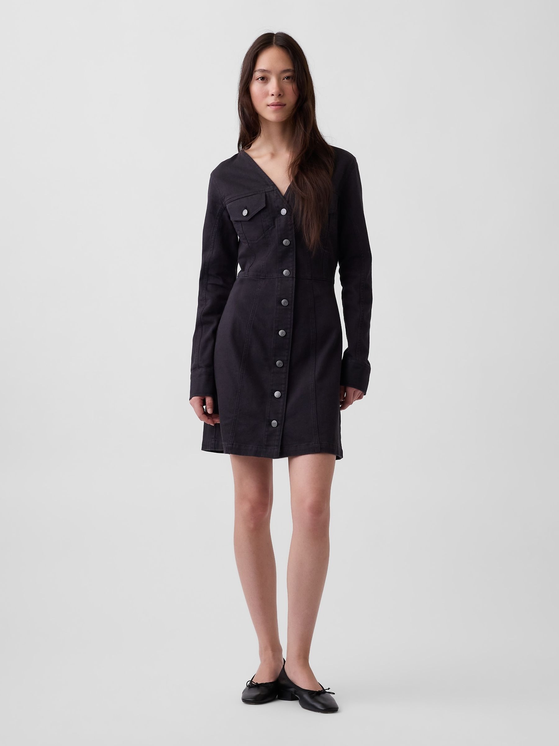 Black V-Neck Button-Front Mini Dress - Image 1 of 4
