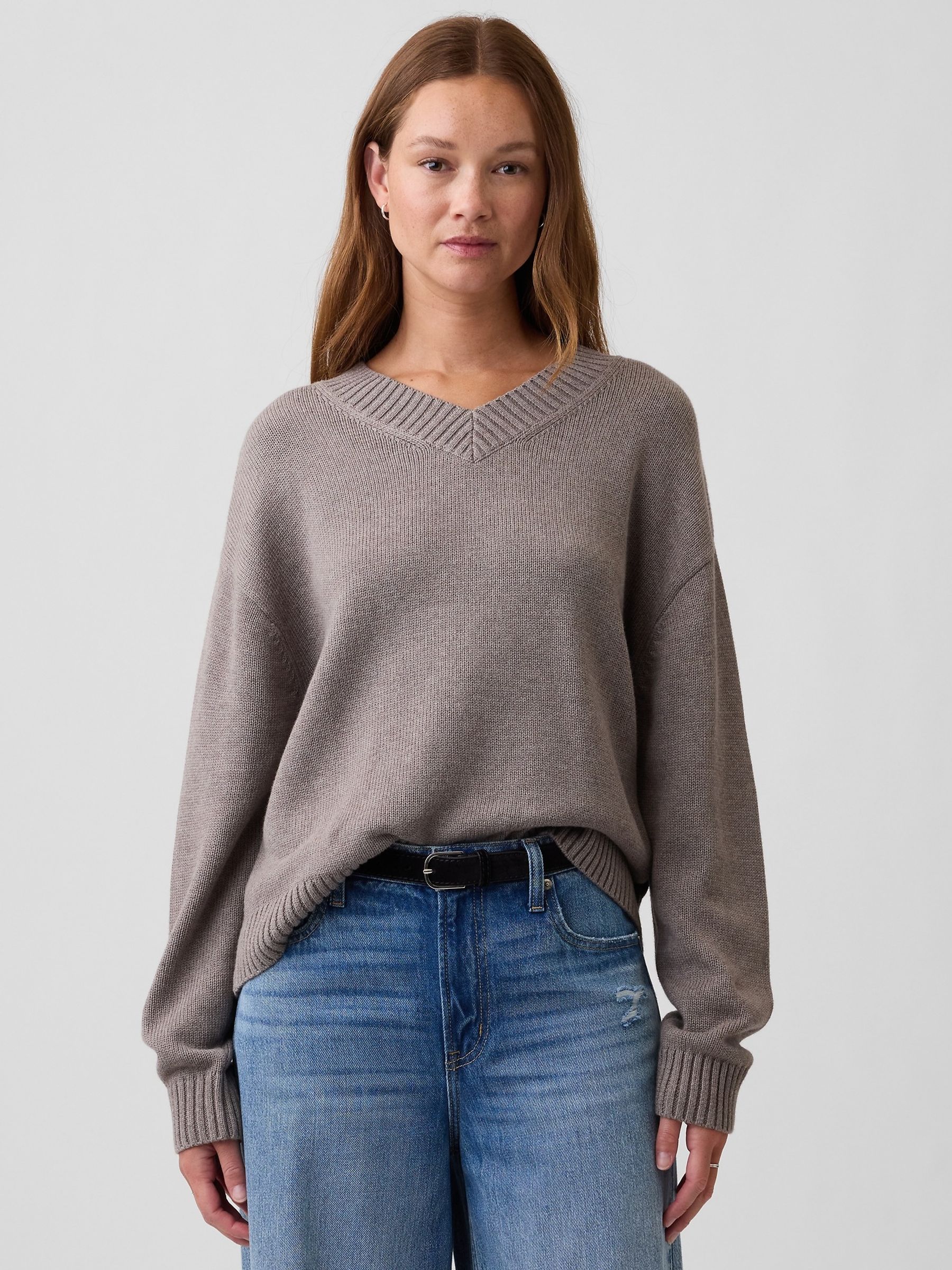 Cool Brown Oversized V-Neck Jumper - Image 1 of 5