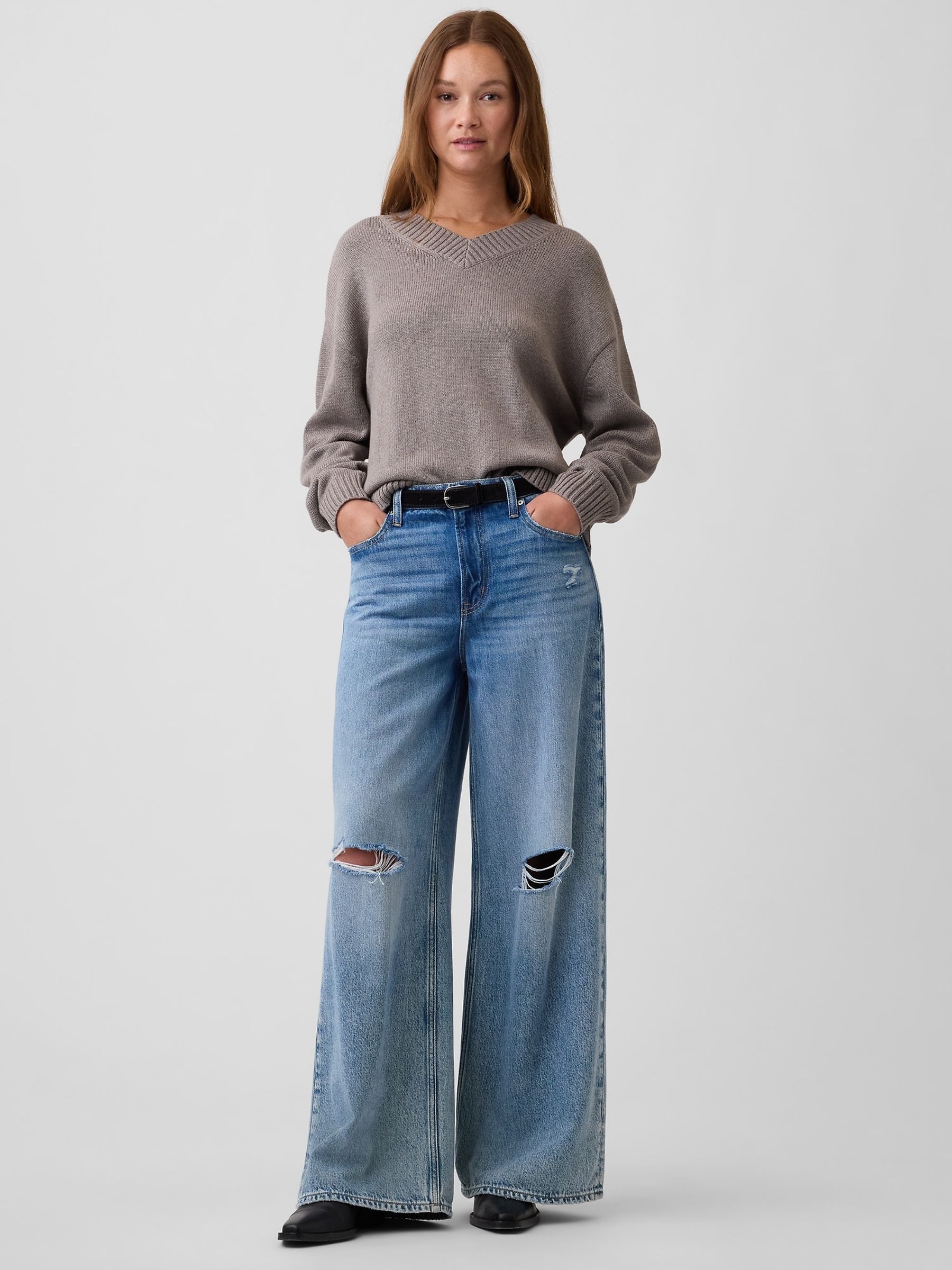Cool Brown Oversized V-Neck Jumper - Image 3 of 5
