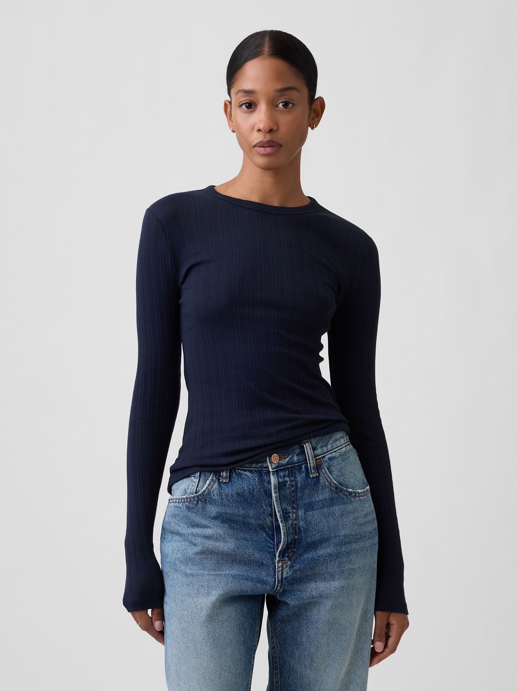 Navy Essential Ribbed Pointelle Long Sleeve T-Shirt - Image 1 of 5 Navy Essential Ribbed Pointelle Long Sleeve T-Shirt - Image 1 of 5