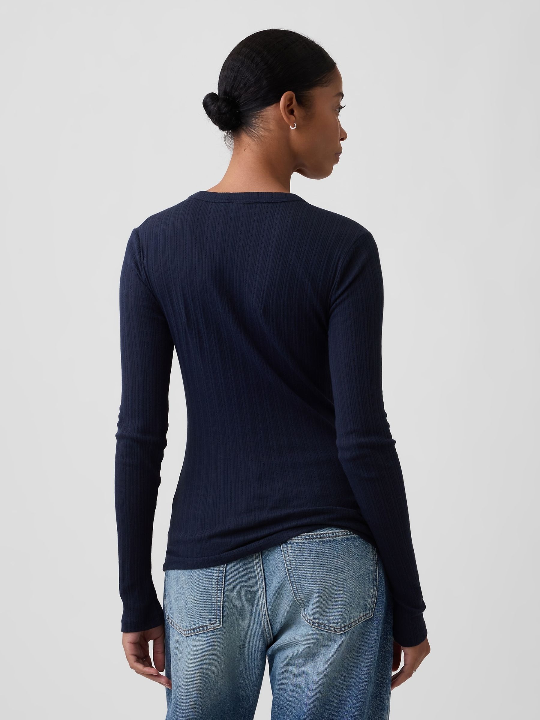 Navy Essential Ribbed Pointelle Long Sleeve T-Shirt - Image 2 of 5