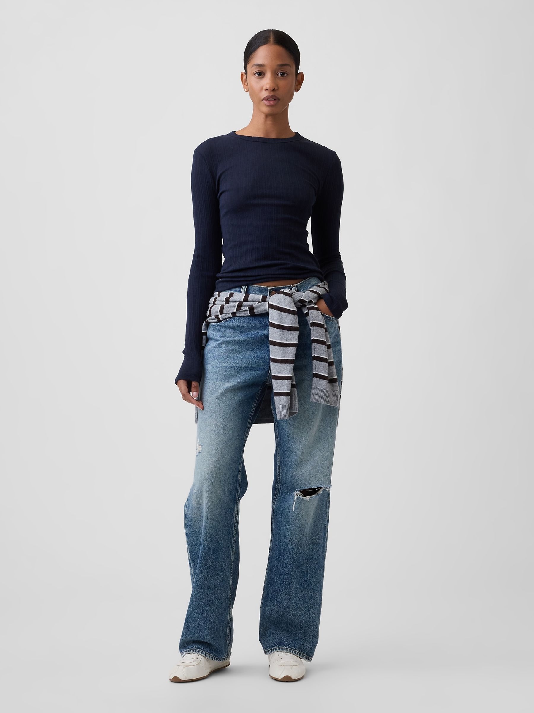 Navy Essential Ribbed Pointelle Long Sleeve T-Shirt - Image 3 of 5