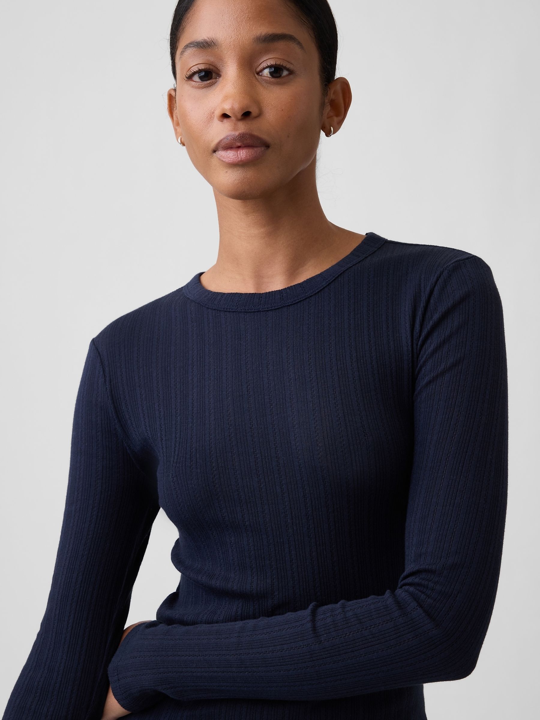Navy Essential Ribbed Pointelle Long Sleeve T-Shirt - Image 4 of 5
