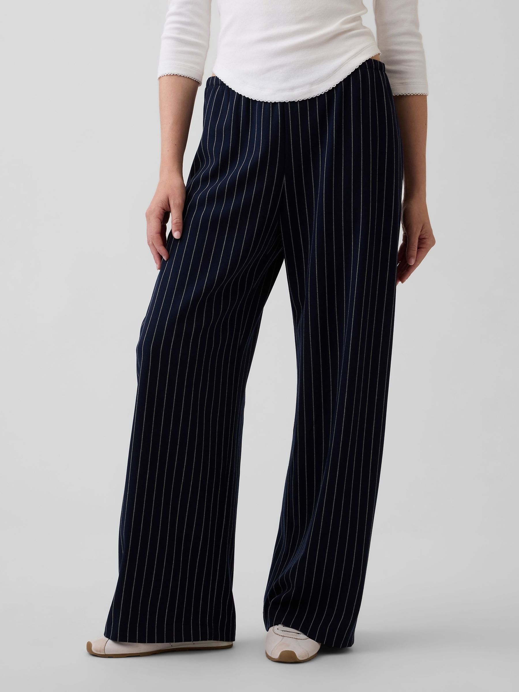Navy Stripe Brushed Twill Easy Wide-Leg Trousers - Image 1 of 3 Navy Stripe Brushed Twill Easy Wide-Leg Trousers - Image 1 of 3