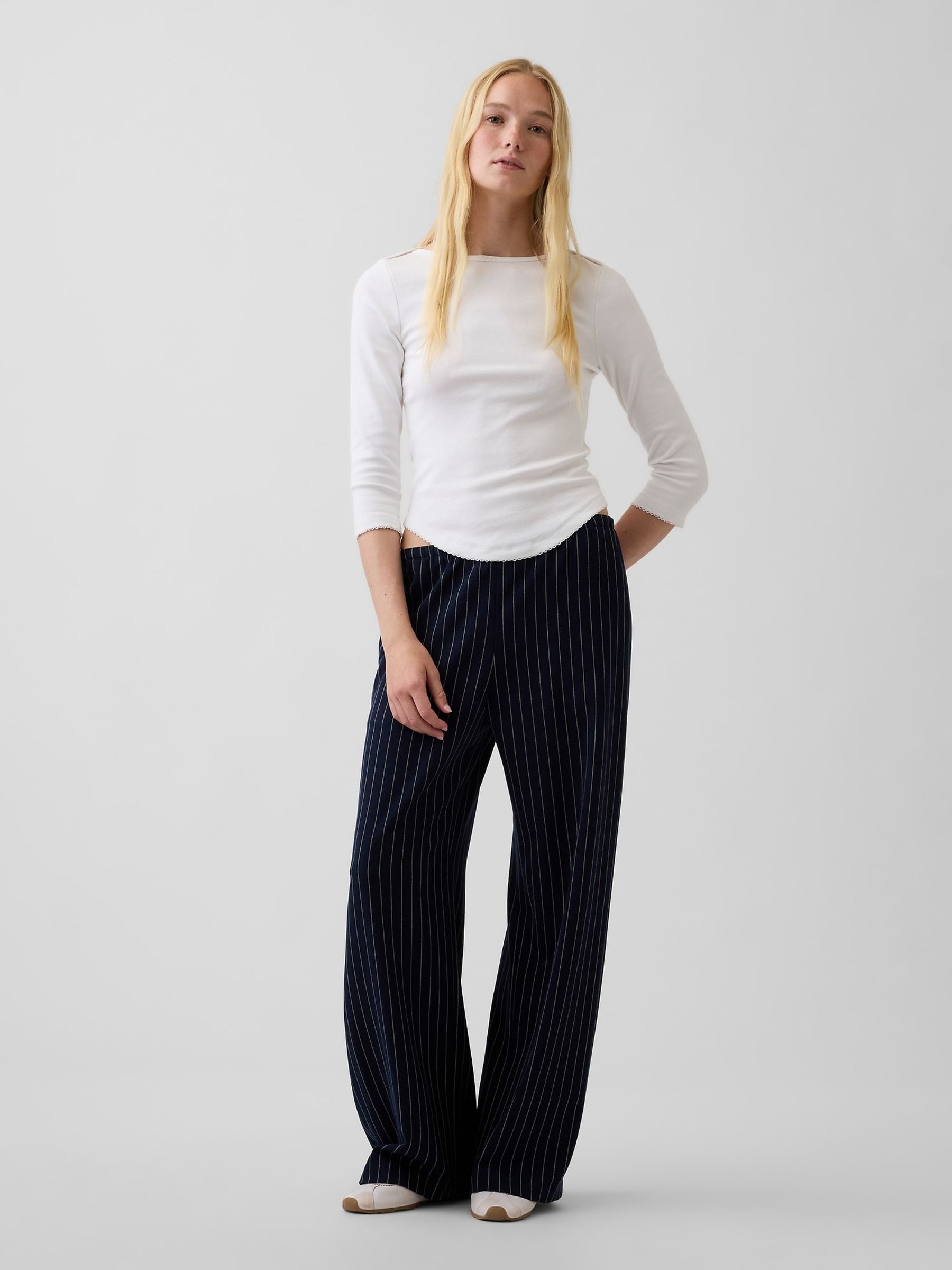 Navy Stripe Brushed Twill Easy Wide-Leg Trousers - Image 3 of 3