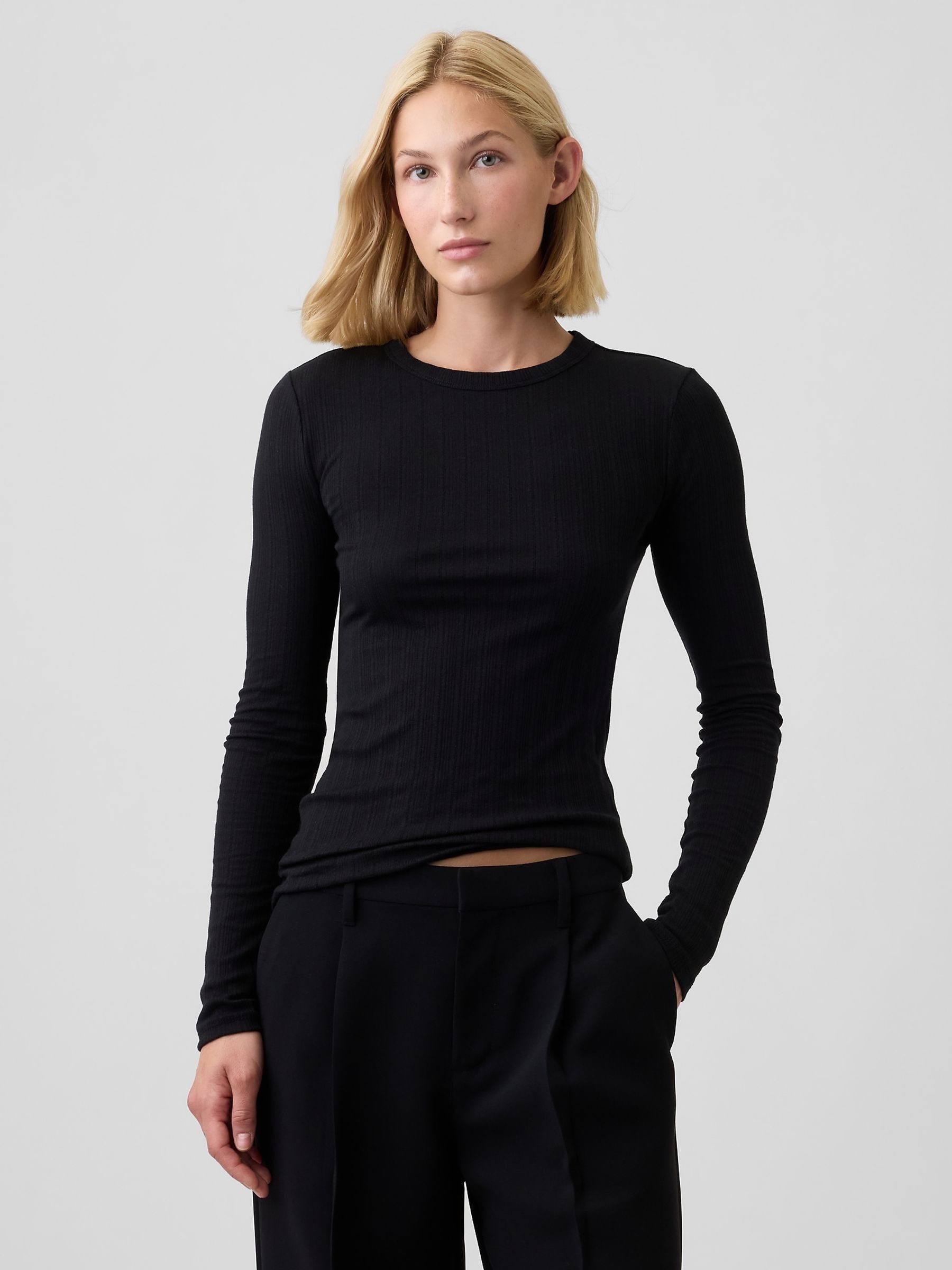 Black Essential Ribbed Pointelle Long Sleeve T-Shirt - Image 1 of 5 Black Essential Ribbed Pointelle Long Sleeve T-Shirt - Image 1 of 5