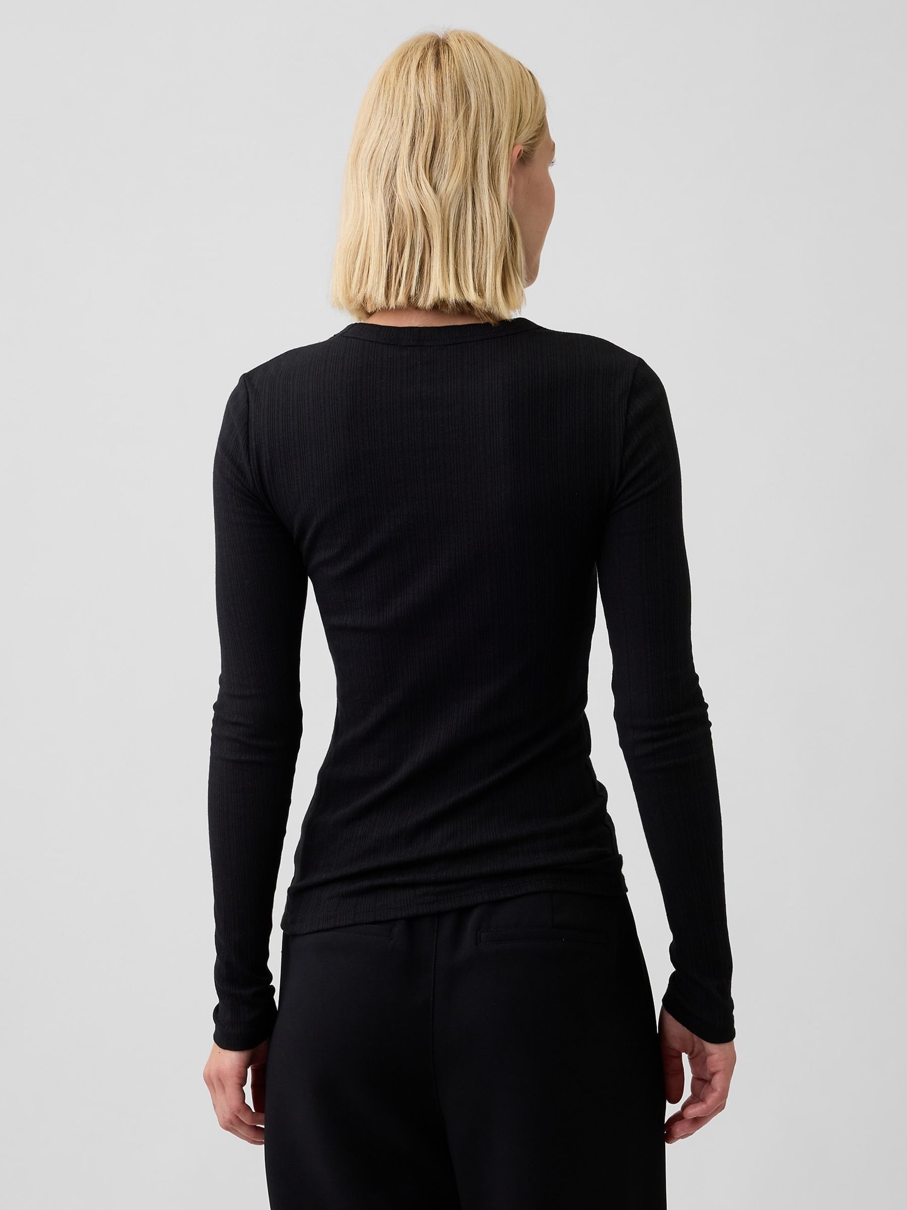 Black Essential Ribbed Pointelle Long Sleeve T-Shirt - Image 2 of 5 Black Essential Ribbed Pointelle Long Sleeve T-Shirt - Image 2 of 5