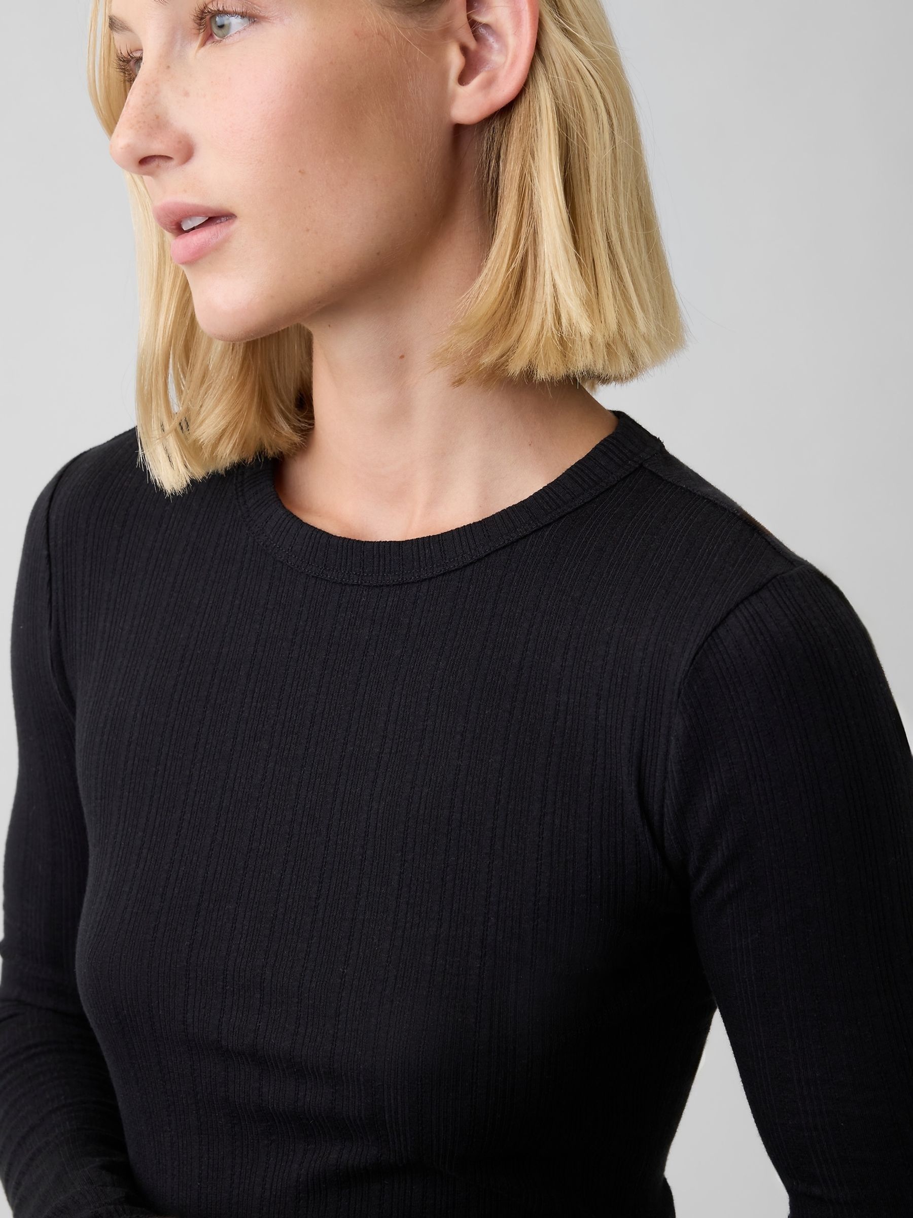 Black Essential Ribbed Pointelle Long Sleeve T-Shirt - Image 4 of 5