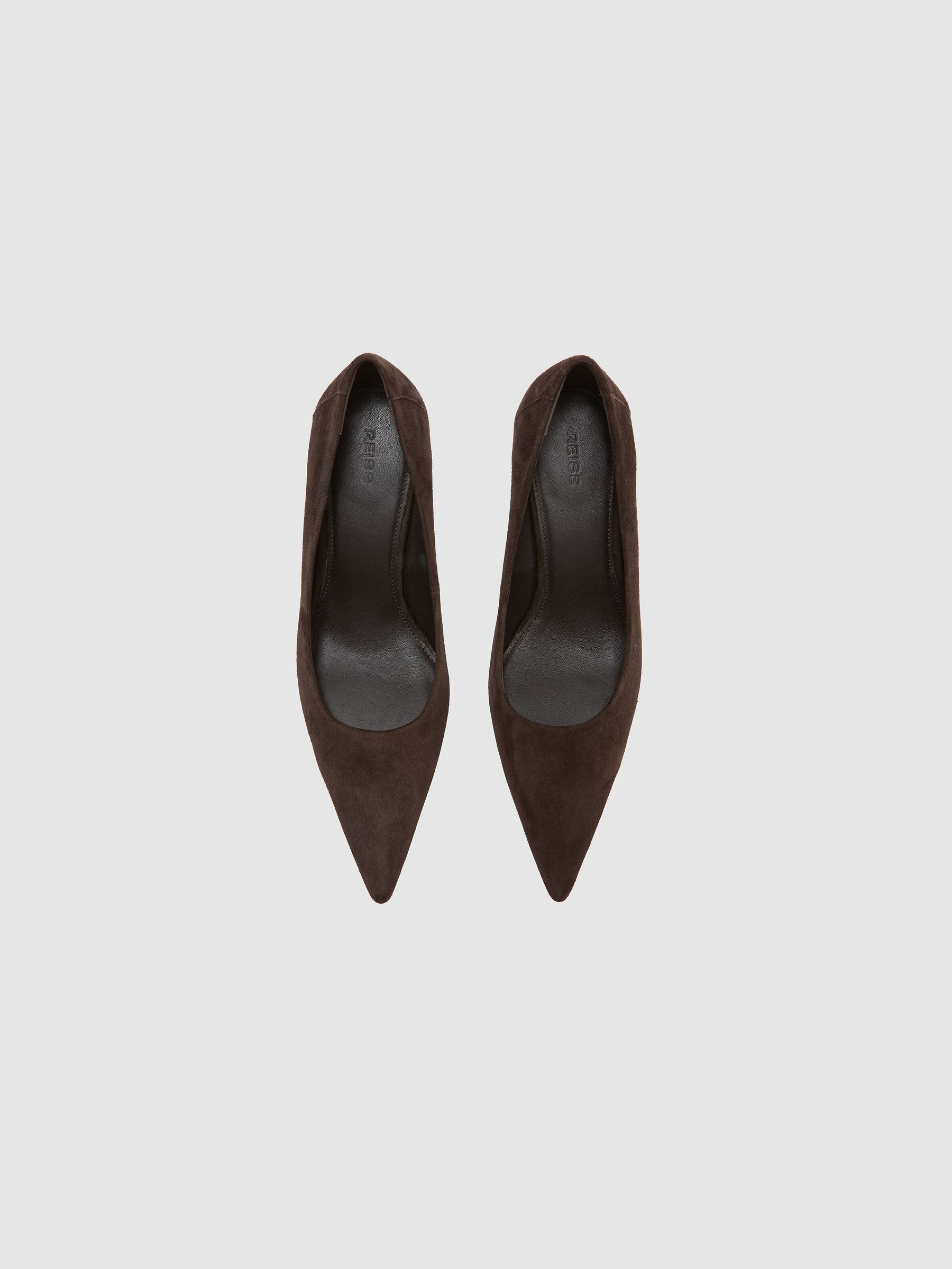 Escarpins à bout pointu et talon moyen en daim couleur chocolat noir - Image 2 de 5