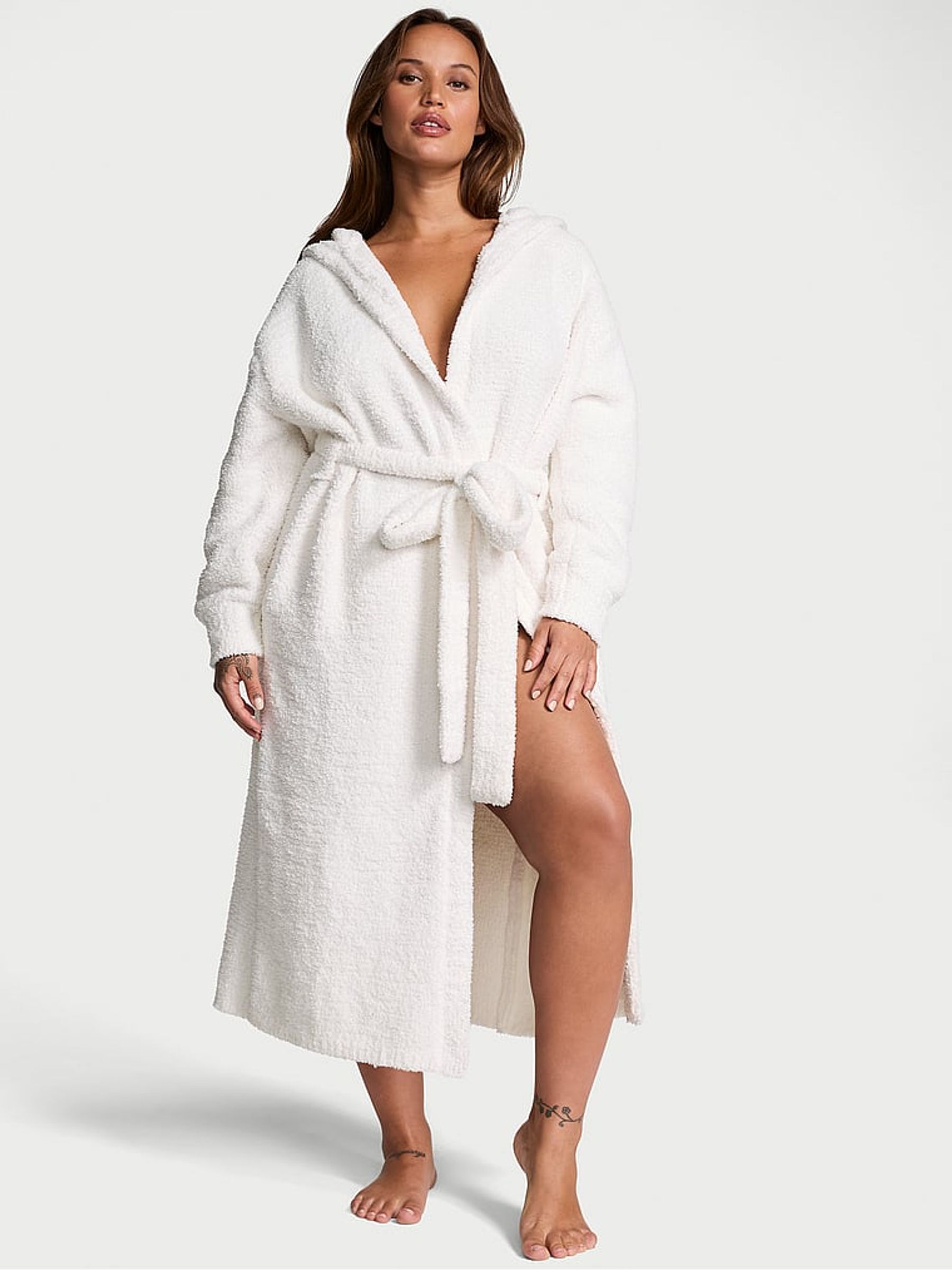 Coconut White Chenille Hooded Long Dressing Gown - Image 1 of 3