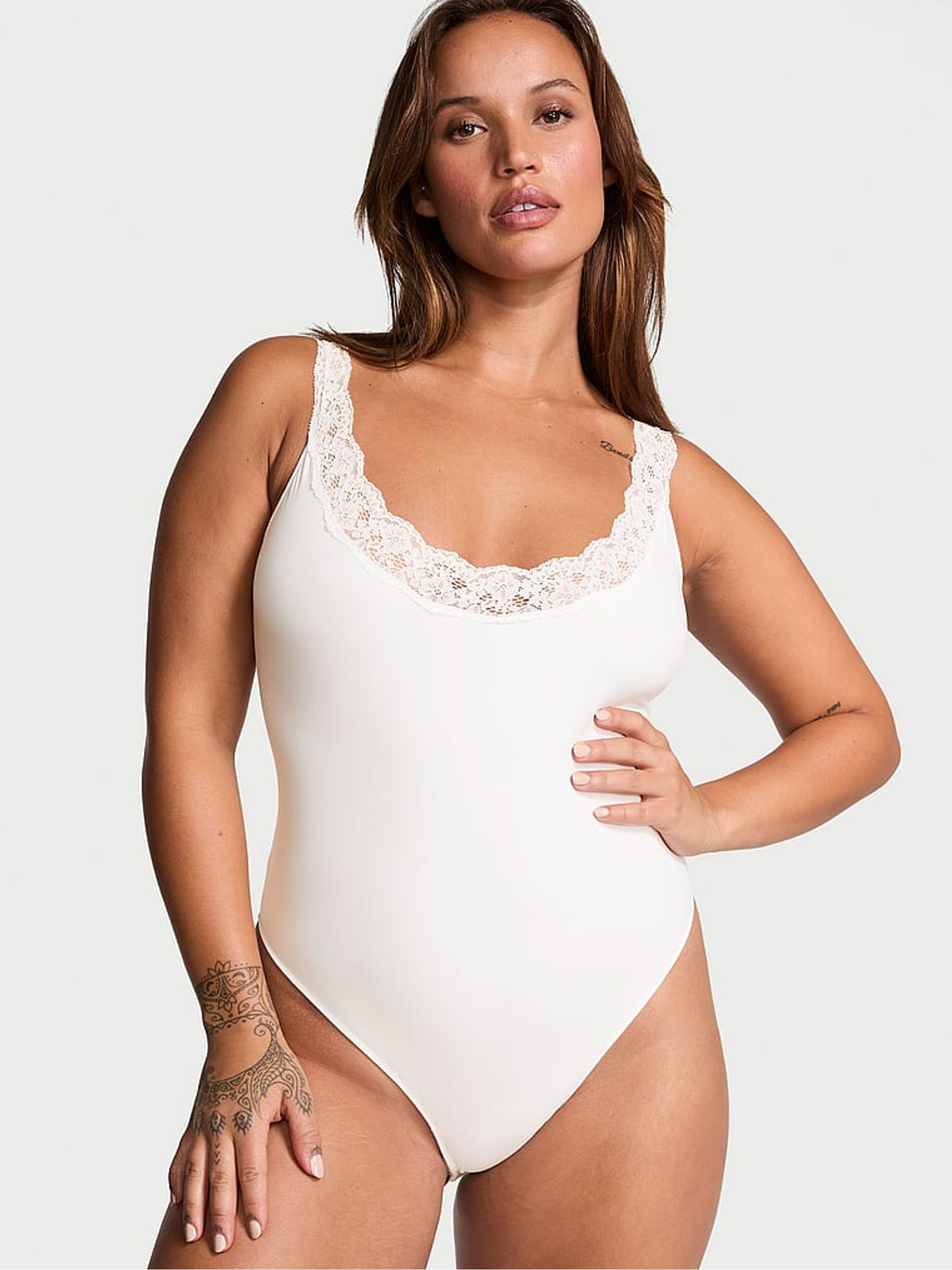 Coconut White Lace Trim Scoop Neck Bodysuit - Image 1 of 3