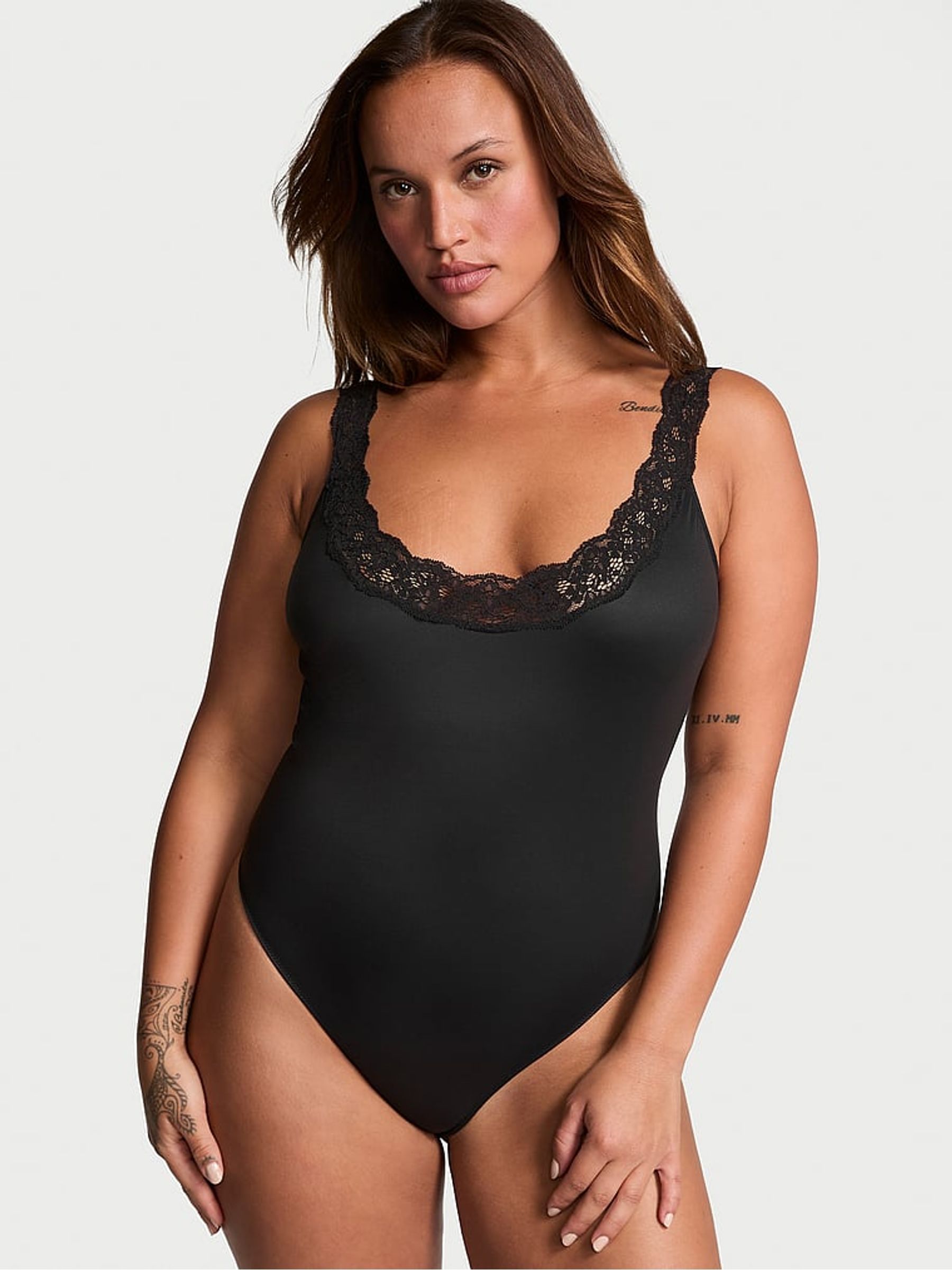 Black Lace Trim Scoop Neck Bodysuit - Image 1 of 3