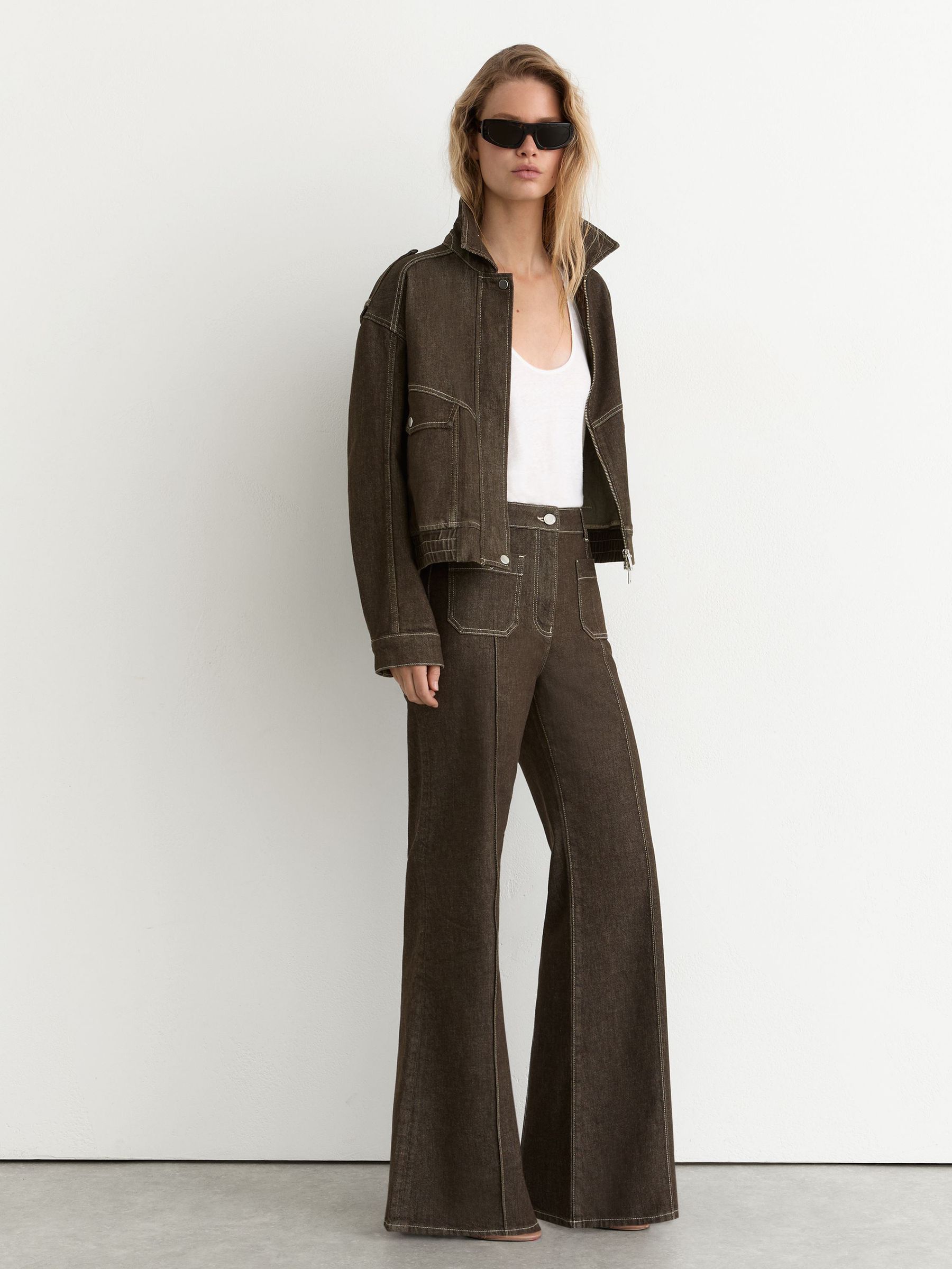 Petite Relaxed Denim Bomber Jacket in Brown - Image 1 of 8