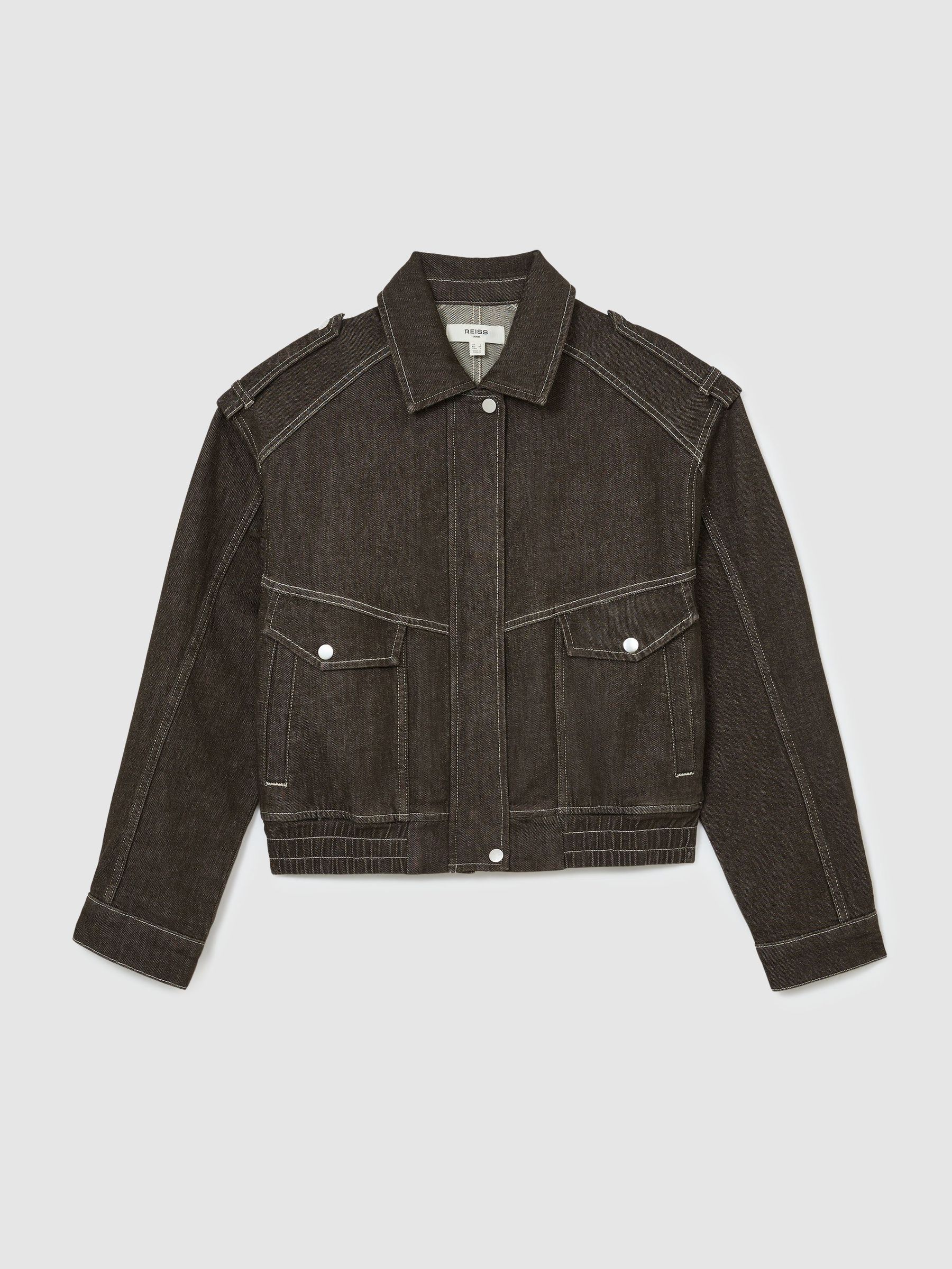 Petite Relaxed Denim Bomber Jacket in Brown - Image 2 of 8