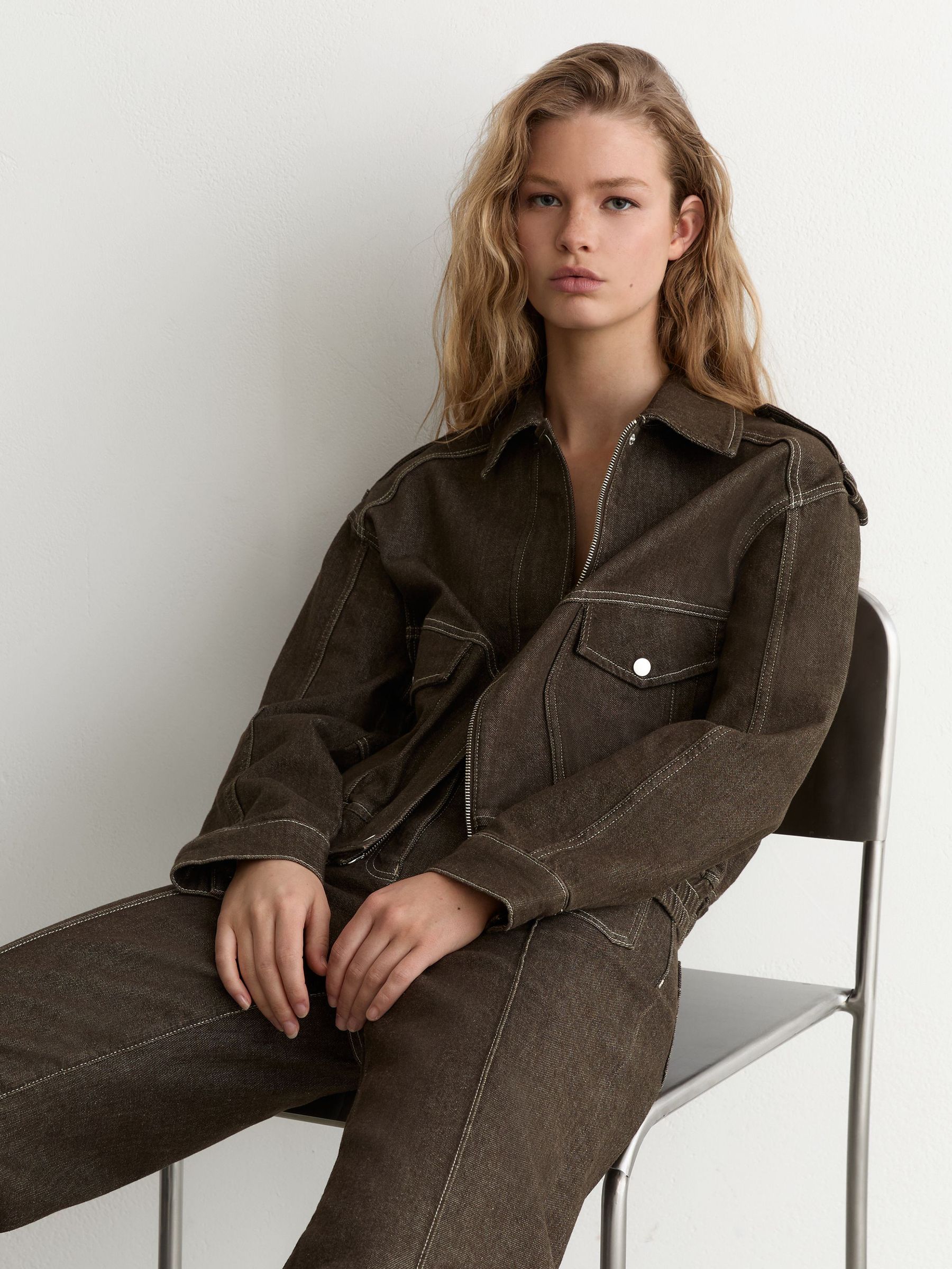 Petite Relaxed Denim Bomber Jacket in Brown - Image 6 of 8