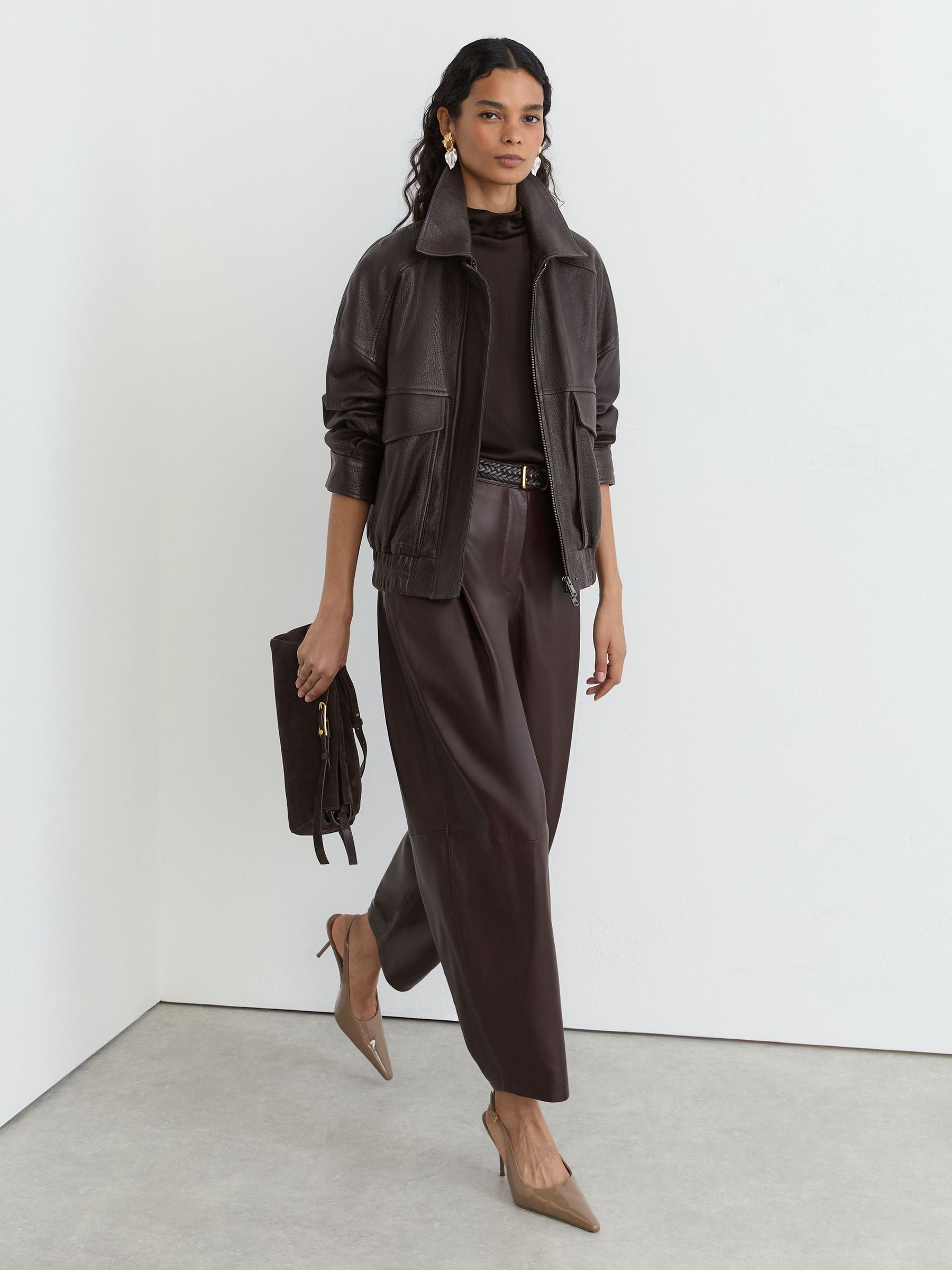 Grained-Leather Twin-Pocket Relaxed Jacket in Ebony Brown - Image 1 of 8 Grained-Leather Twin-Pocket Relaxed Jacket in Ebony Brown - Image 1 of 8