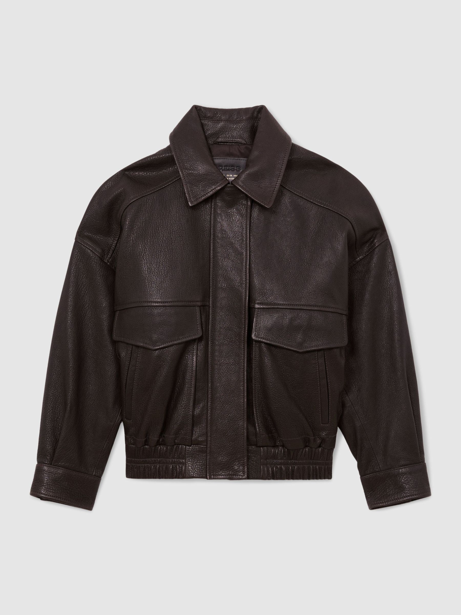 Grained-Leather Twin-Pocket Relaxed Jacket in Ebony Brown - Image 2 of 8 Grained-Leather Twin-Pocket Relaxed Jacket in Ebony Brown - Image 2 of 8