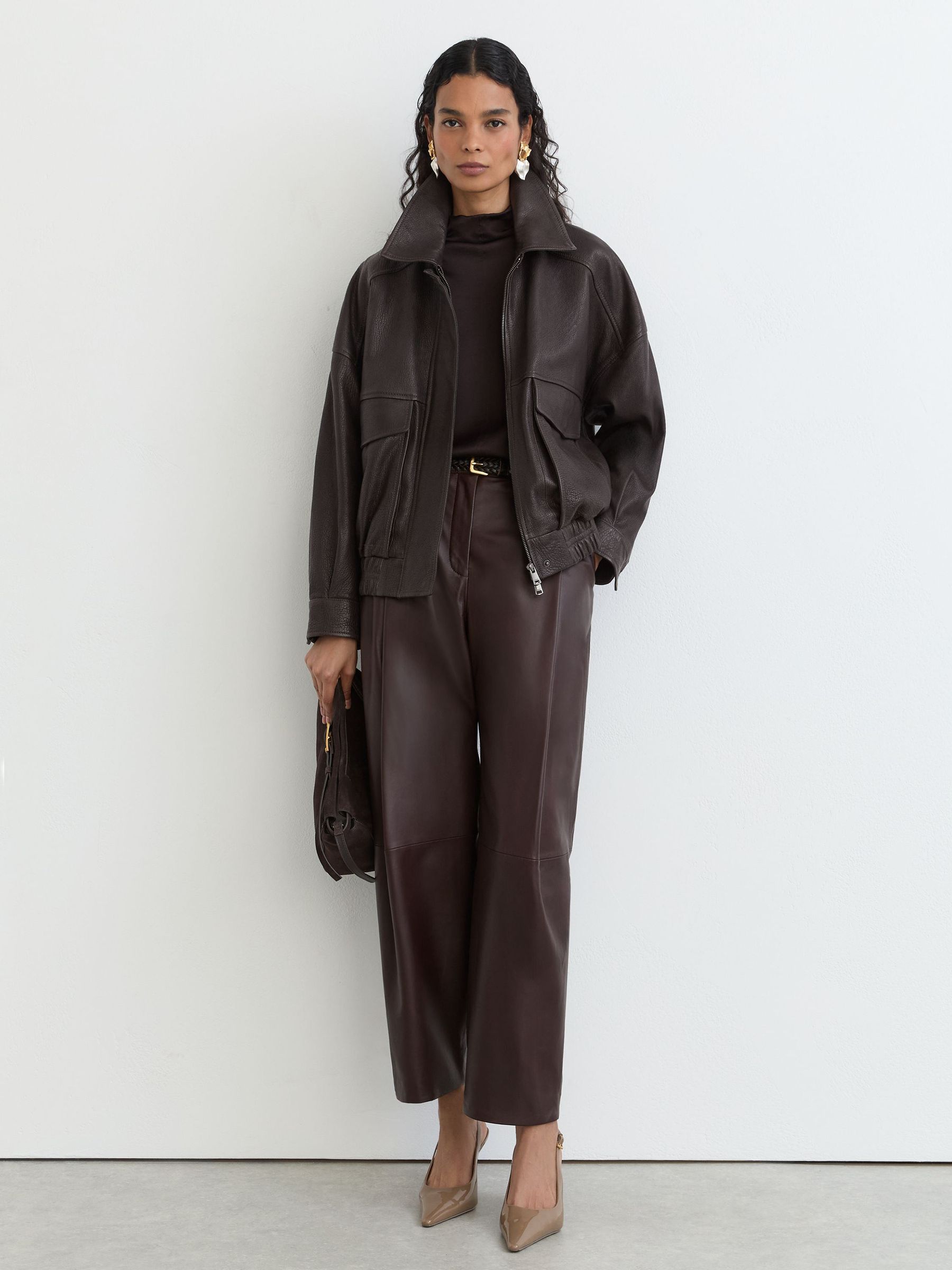 Grained-Leather Twin-Pocket Relaxed Jacket in Ebony Brown - Image 4 of 8
