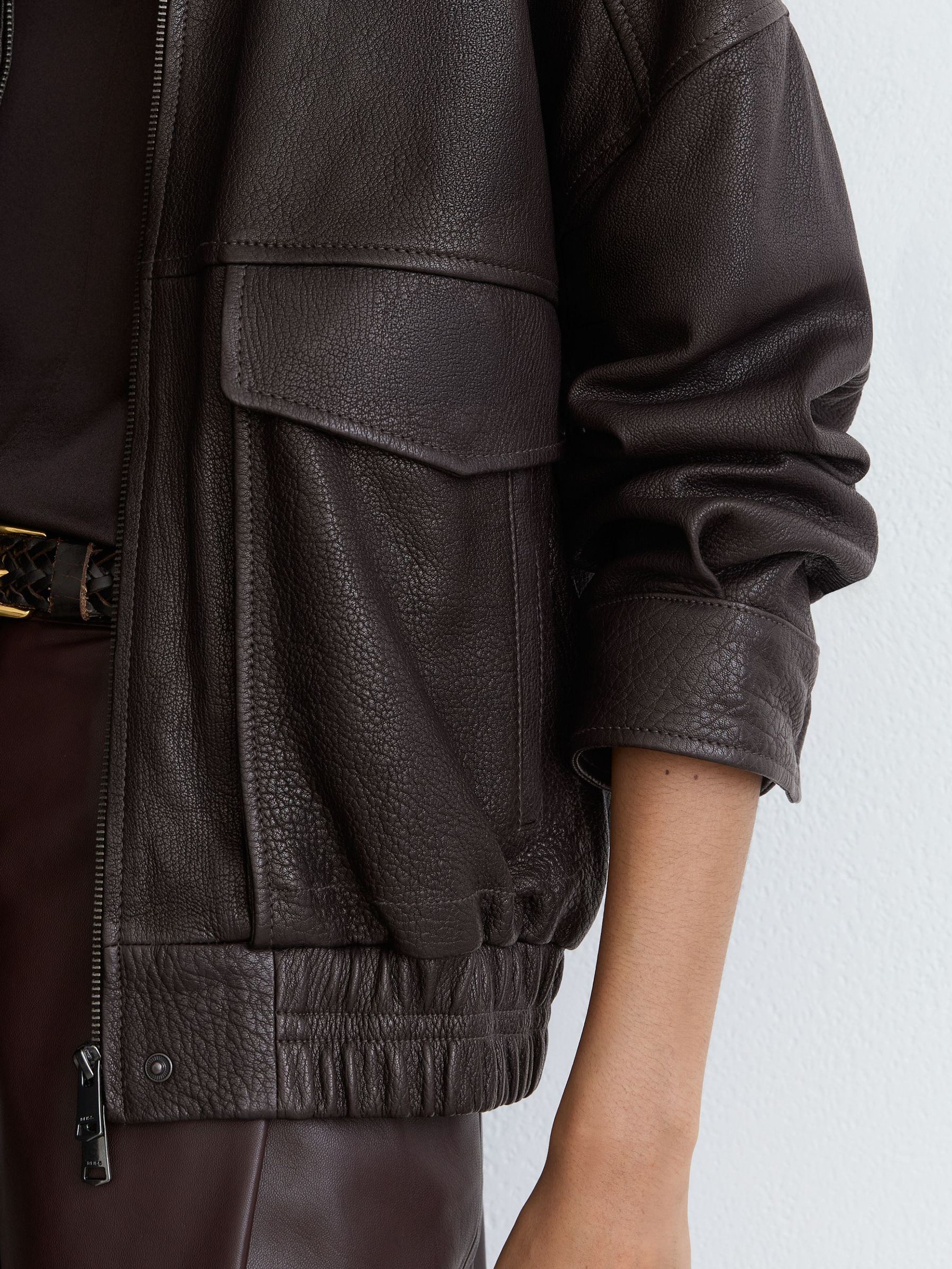 Petite Grained-Leather Twin-Pocket Relaxed Jacket in Ebony Brown - Image 4 of 10