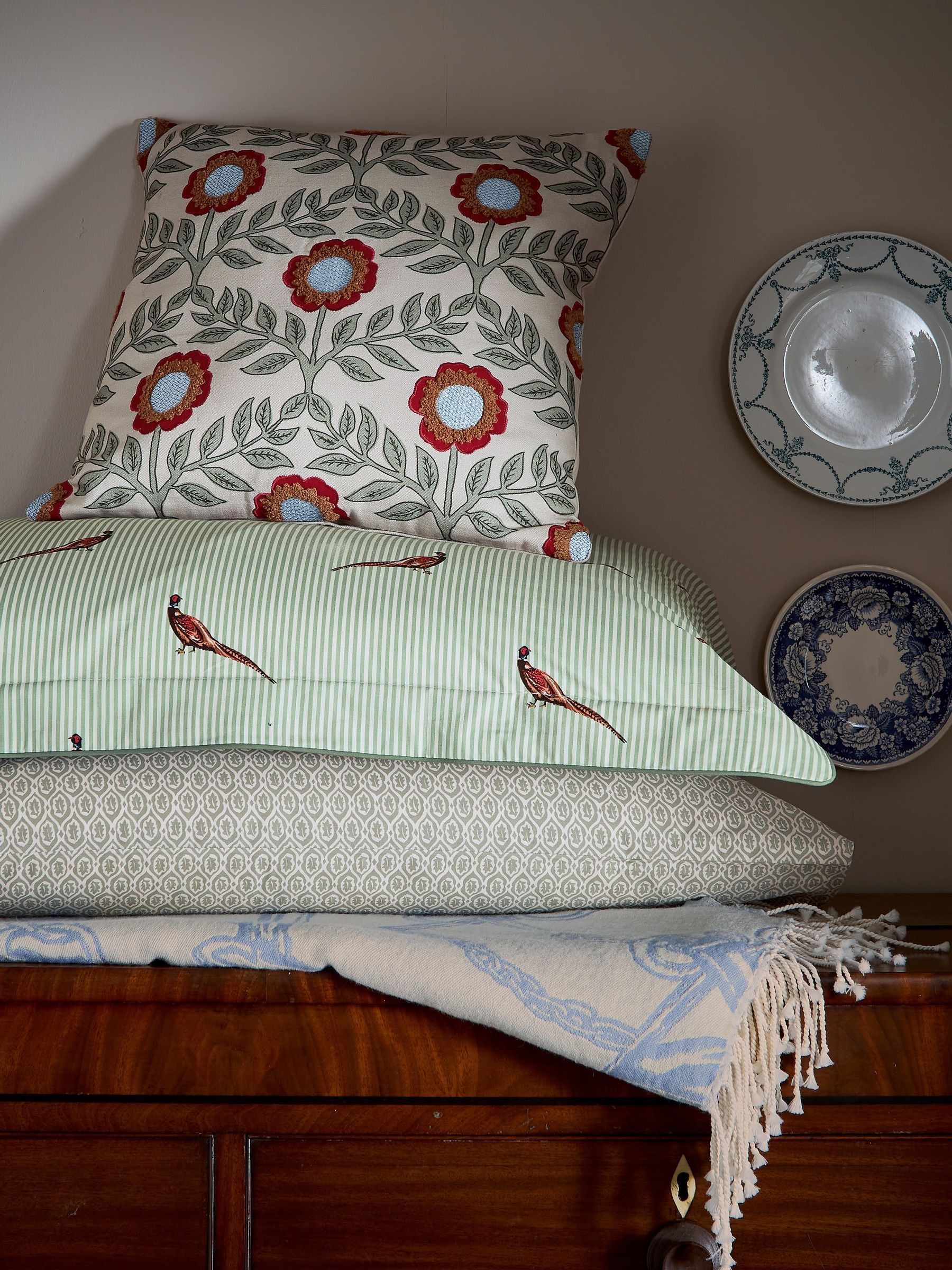 Floral Trellis Green 100% Cotton Cushion - Image 1 of 5