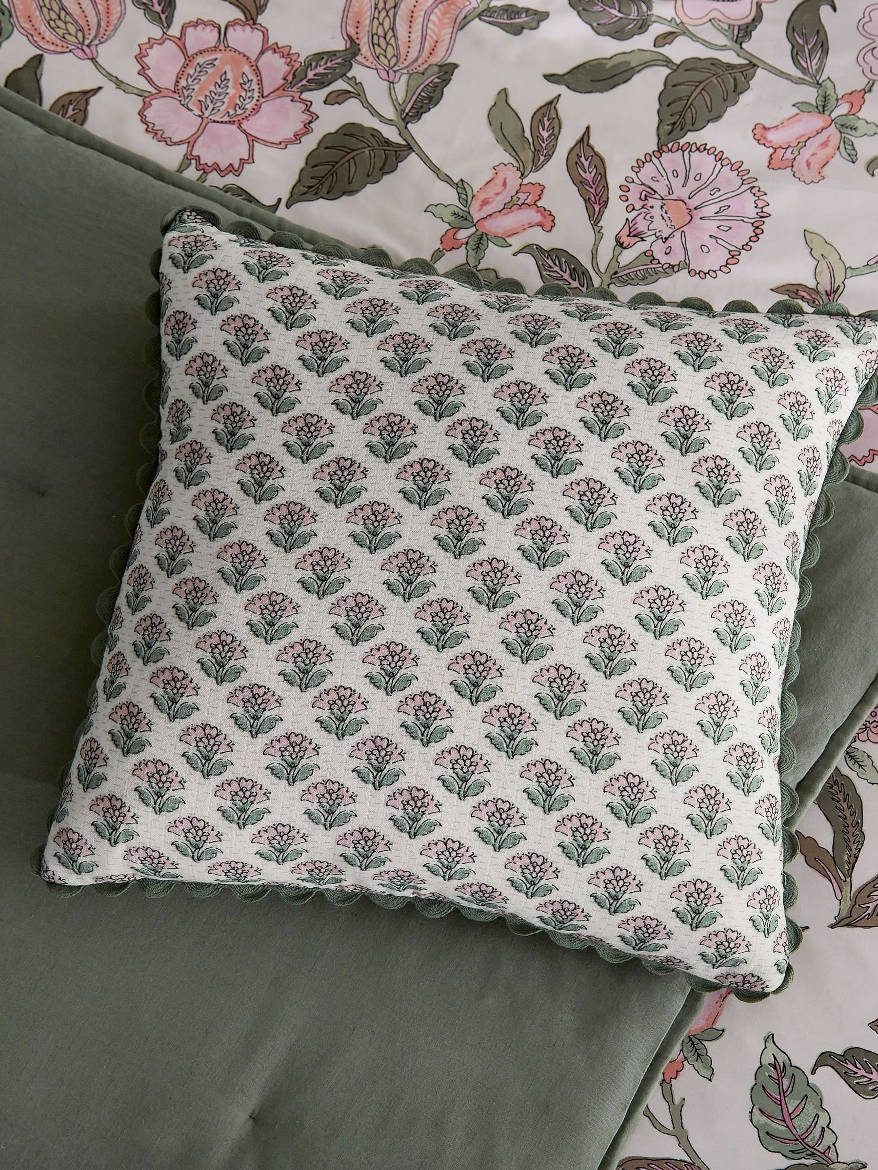 Indienne Green 100% Cotton Printed Cushion - Image 1 of 5