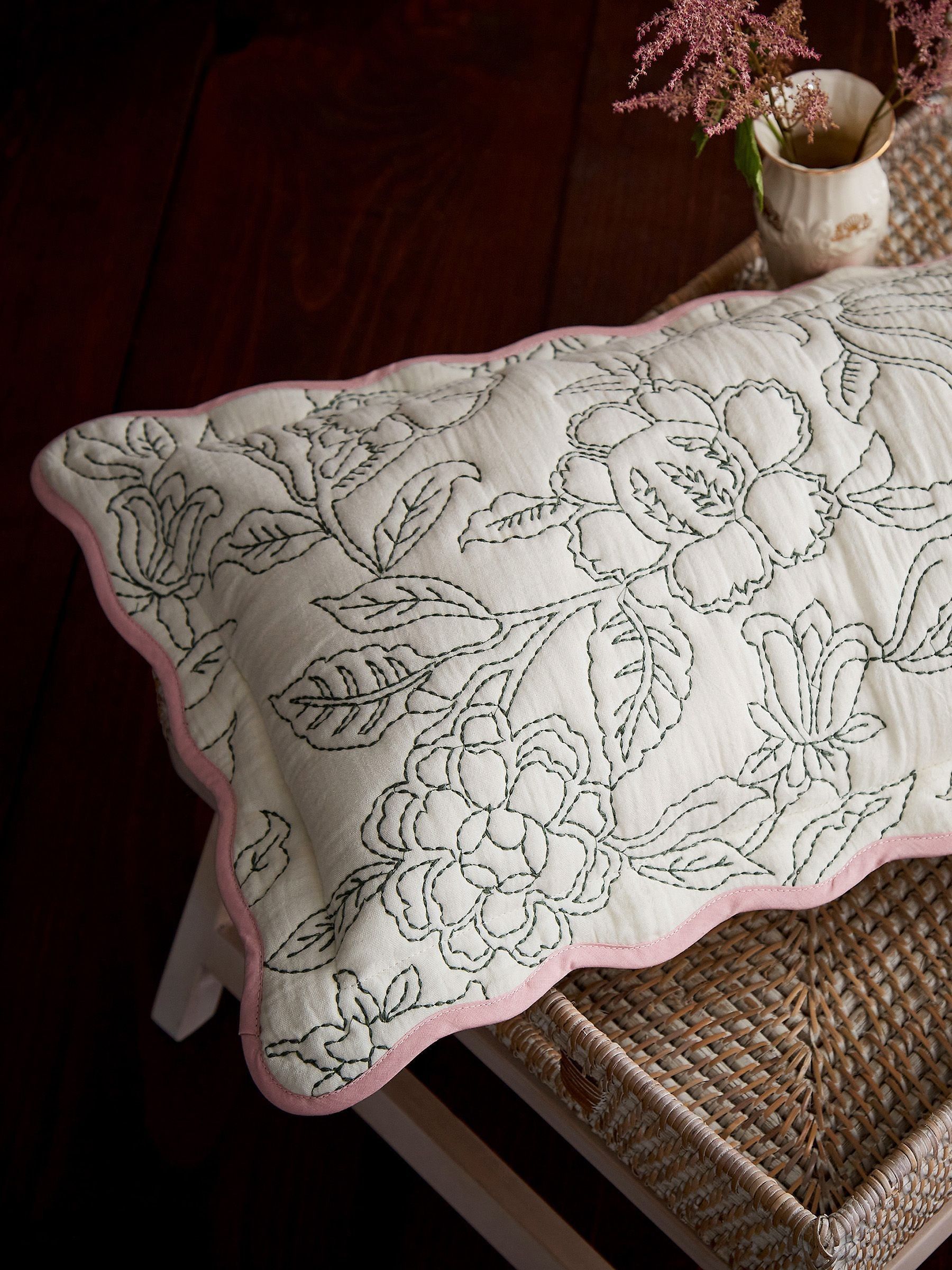 Juliette Cream 100% Cotton Scalloped Embroidered Cushion - Image 3 of 6